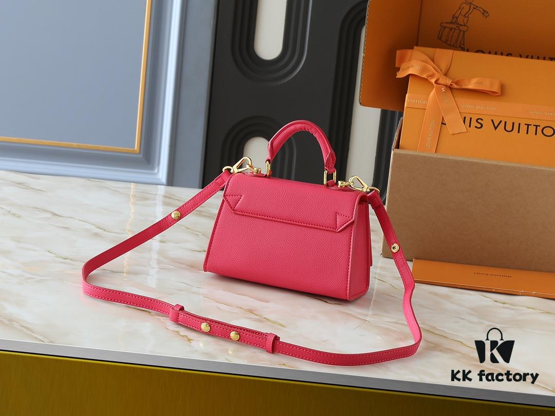 69305eddf09edb6de4c50265 Upgraded Original M21590 M59090 Twist One Handle BB Handbag crafted from deeply dyed Taurillon leather, featuring a top single handle and the iconic LV Twist turn-lock flap closure. The contrast-color leather lining adds a fashionable touch, suitable for crossbody, shoulder, or handheld wear.