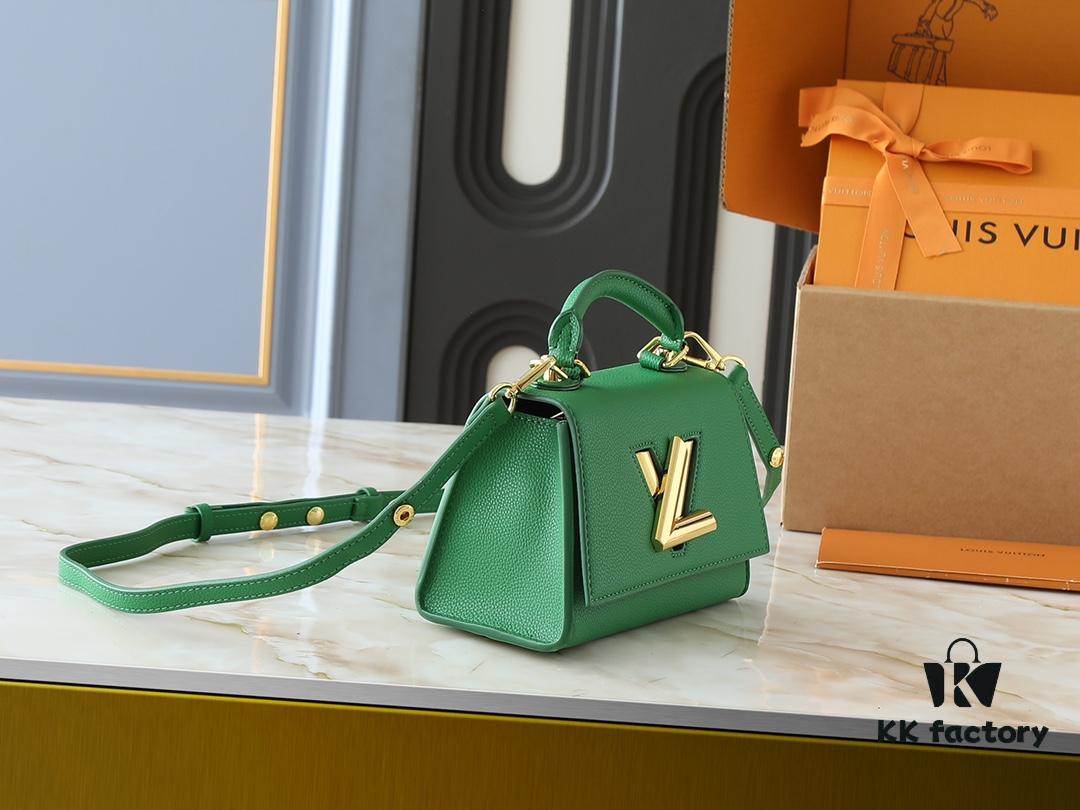 69305ee4f09edb6de4c50276 Upgraded Original M21590 M59090 Twist One Handle BB Handbag crafted from deeply dyed Taurillon leather, featuring a top single handle and the iconic LV Twist turn-lock flap closure. The contrast-color leather lining adds a trendy touch, ideal for crossbody, shoulder, or handheld wear.