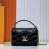 6930610ef09edb6de4c506ac M23689 M22891 Nicolas Ghesquière infuses the GO-14 Medium Handbag with innovative craftsmanship, featuring quilted lambskin meticulously treated to achieve a baked finish, expressing bold avant-garde style. The LV Twist lock adds signature brand elegance, while top handles and an adjustable chain strap are detachable, enabling multiple carrying options. Dimensions: 23X16X10