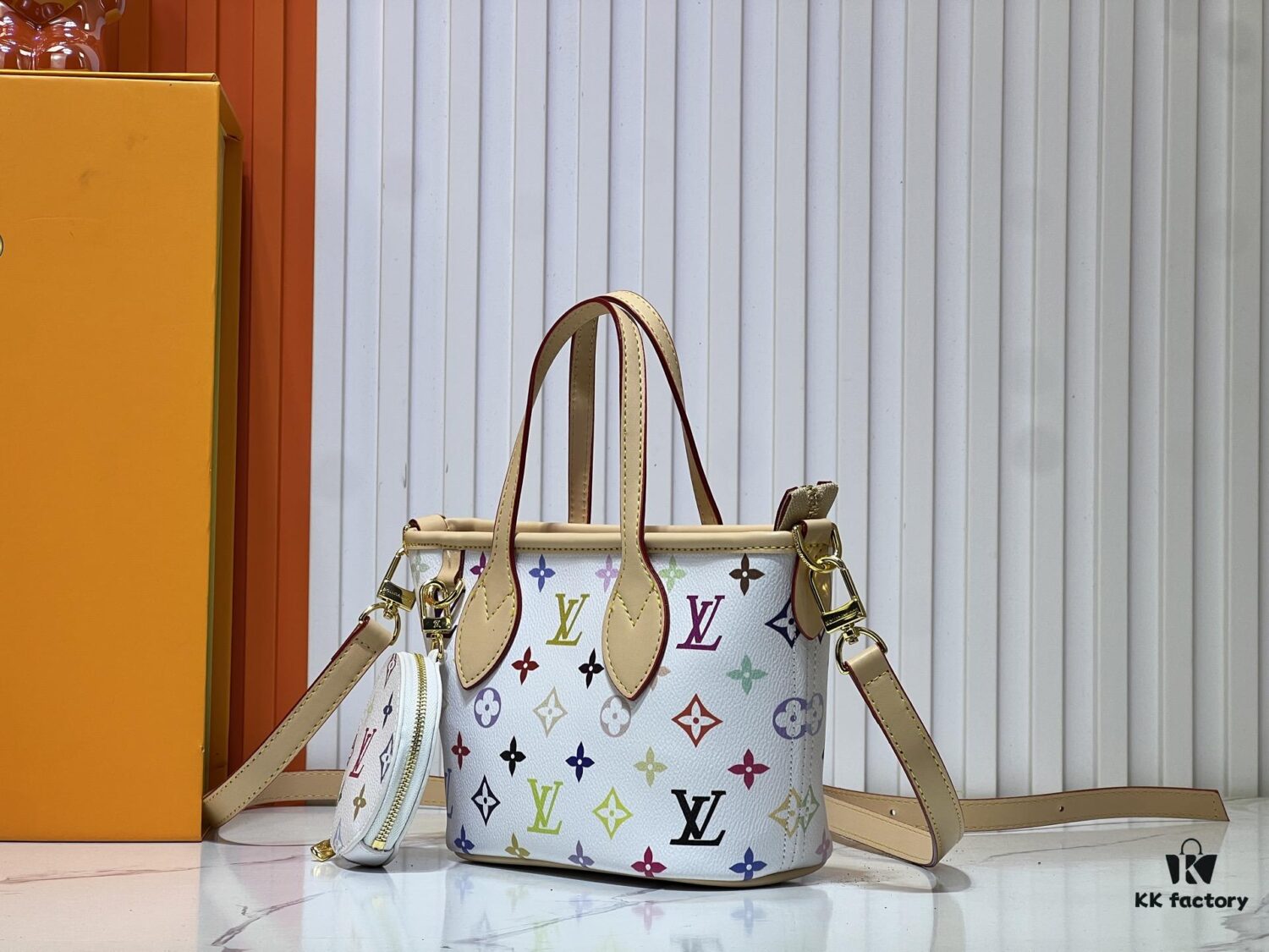 693063fa6e68136f4d9a43d7 M46705 NEVERFULL BB Bag in White with Tricolor Design, Collaborated with Takashi Murakami
