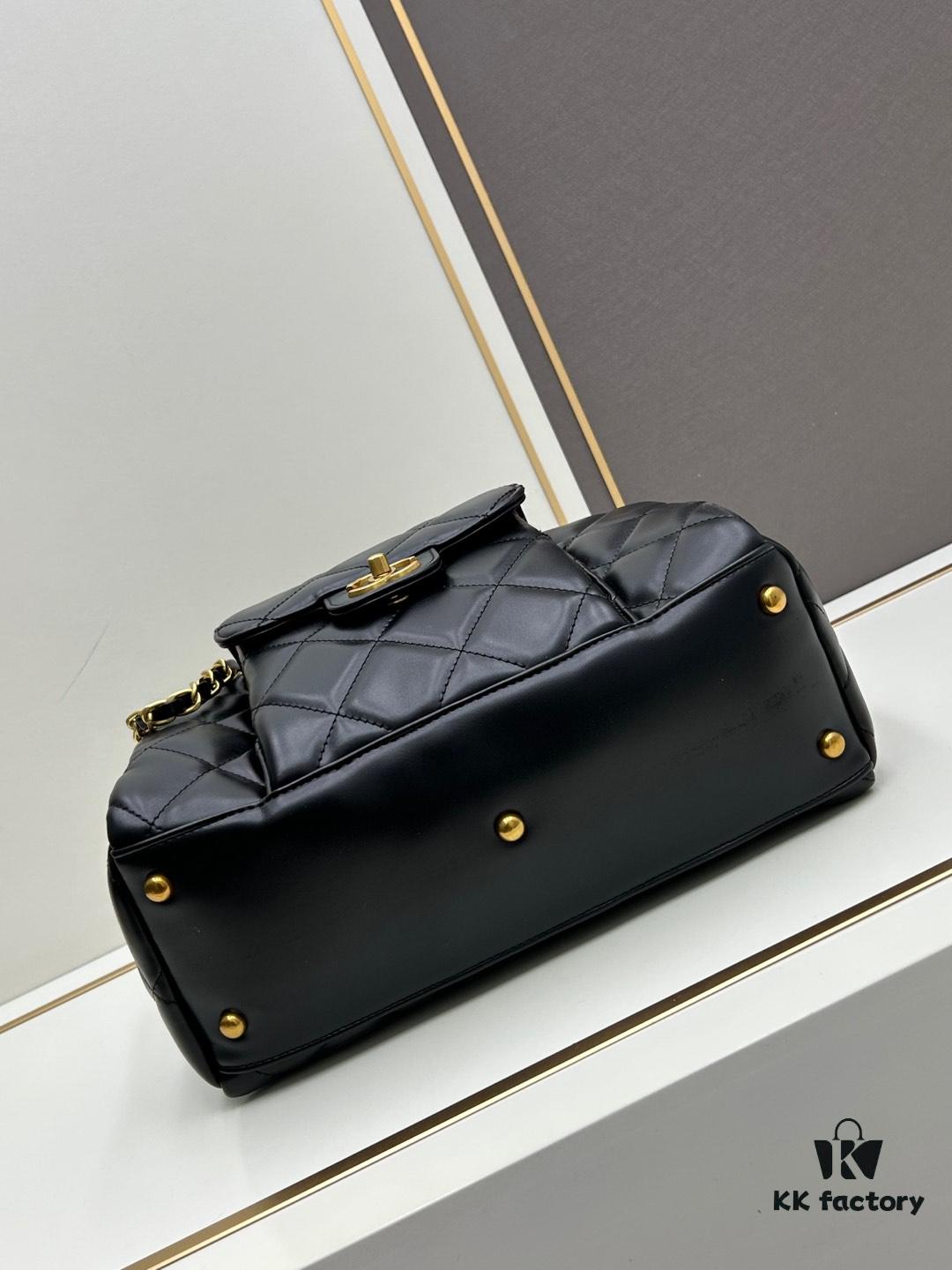 New Chanel 24A Bowling Bag Small Black Crinkled Calfskin