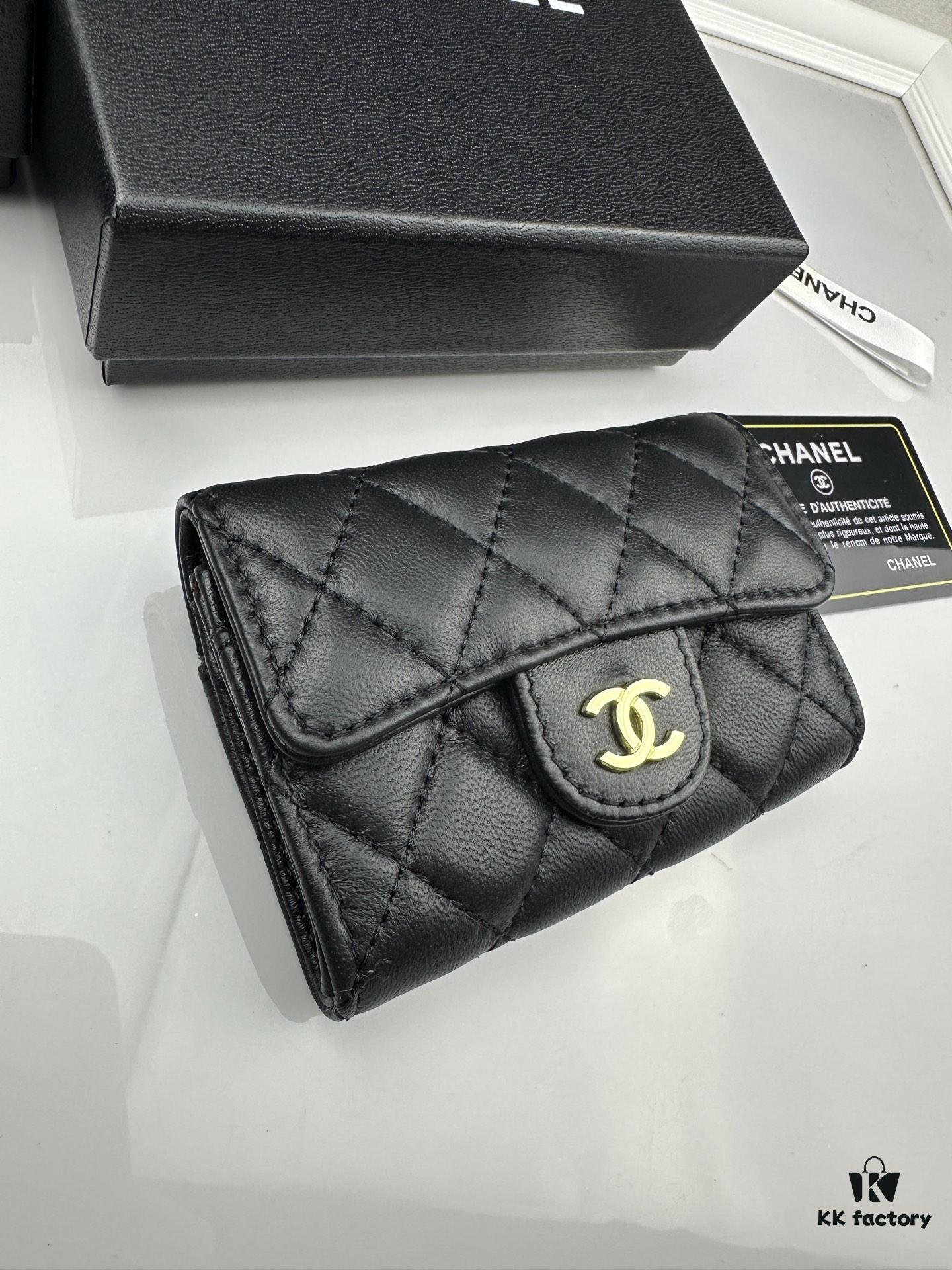 693064326e68136f4d9a4435 CHANEL Caviar Black / Gold 23K Classic Quilted Lambskin Wallet - New Arrival CF Mini Card Holder