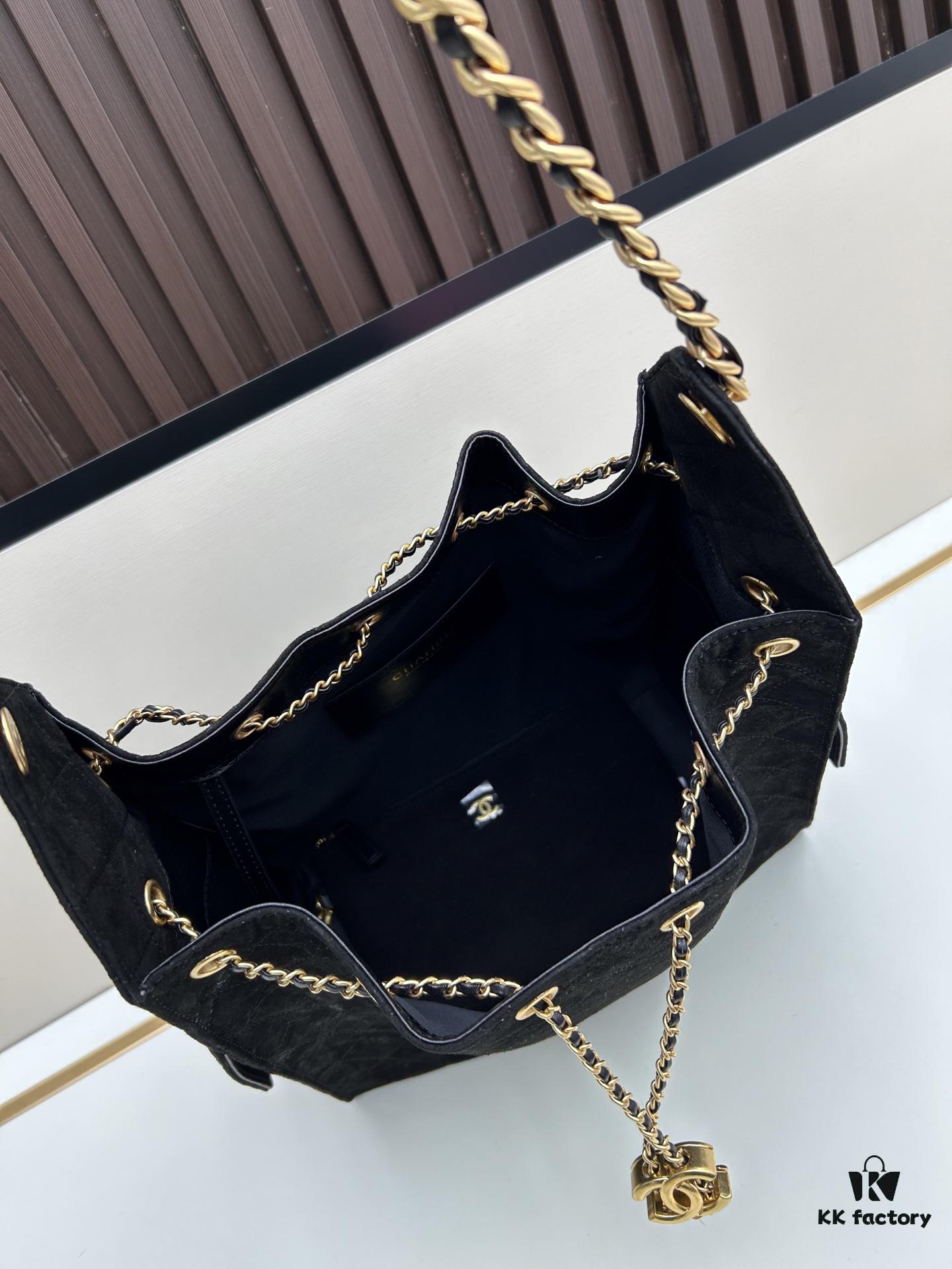 6930645b6e68136f4d9a4467 Large Vegan Leather Hobo Bag, Suede Finish, Upgraded Chanel 25C Style, Vintage Coin Button Drawstring Bucket Bag with Diamond Quilting, Retro Black-Gold Hardware, Classic Chain Design