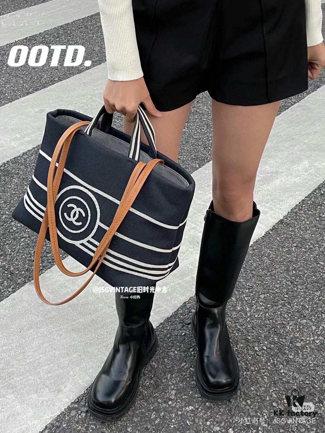 6930646a6e68136f4d9a4474 Large New Arrival CHANEL Navy Striped Denim Beach Tote Bag