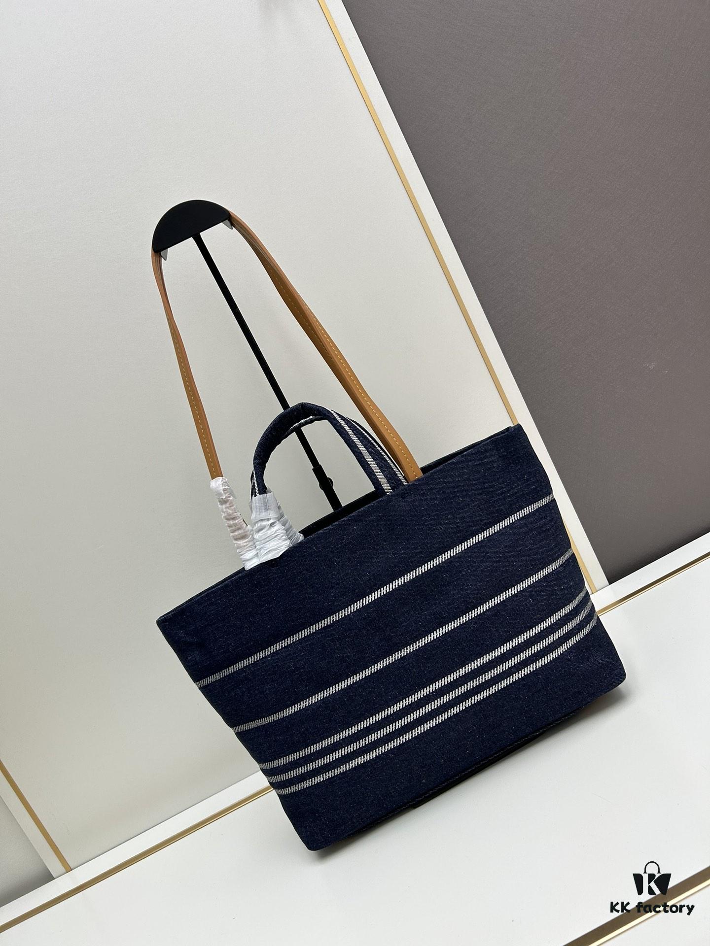 6930646e6e68136f4d9a4478 Small-sized New Arrival CHANEL Navy Blue Striped Denim Beach Tote Bag