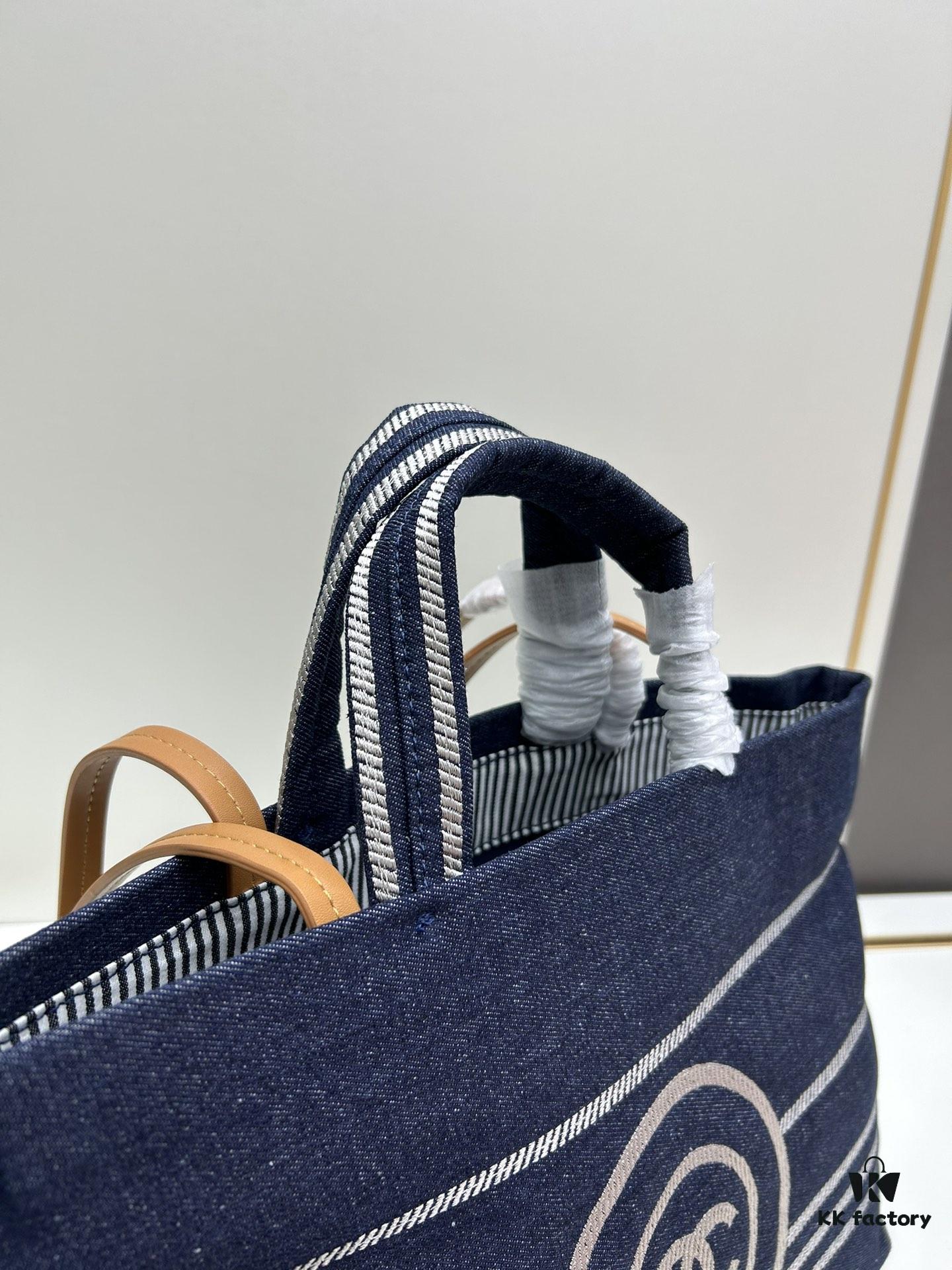 6930646e6e68136f4d9a4479 Small-sized New Arrival CHANEL Navy Blue Striped Denim Beach Tote Bag