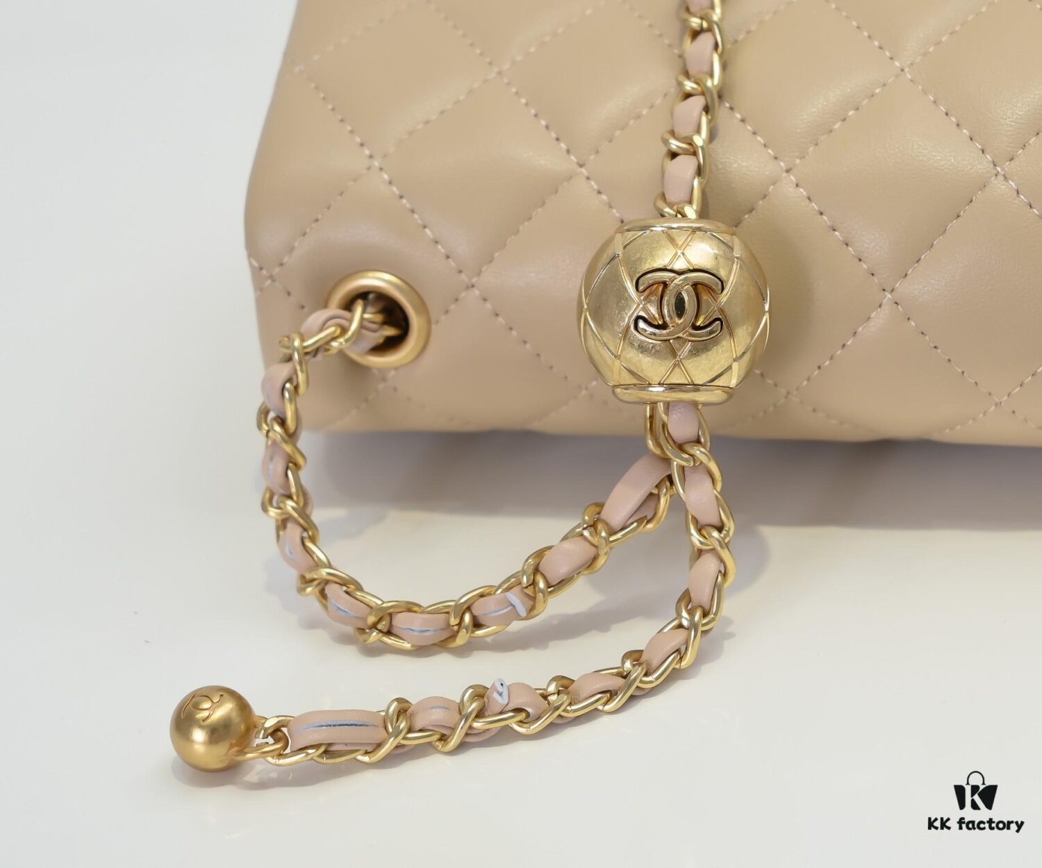 693064726e68136f4d9a447f Large Beige Chanel CF Mini Metal Flap Bag - Bestseller with Decorative Gold Ball on Chain