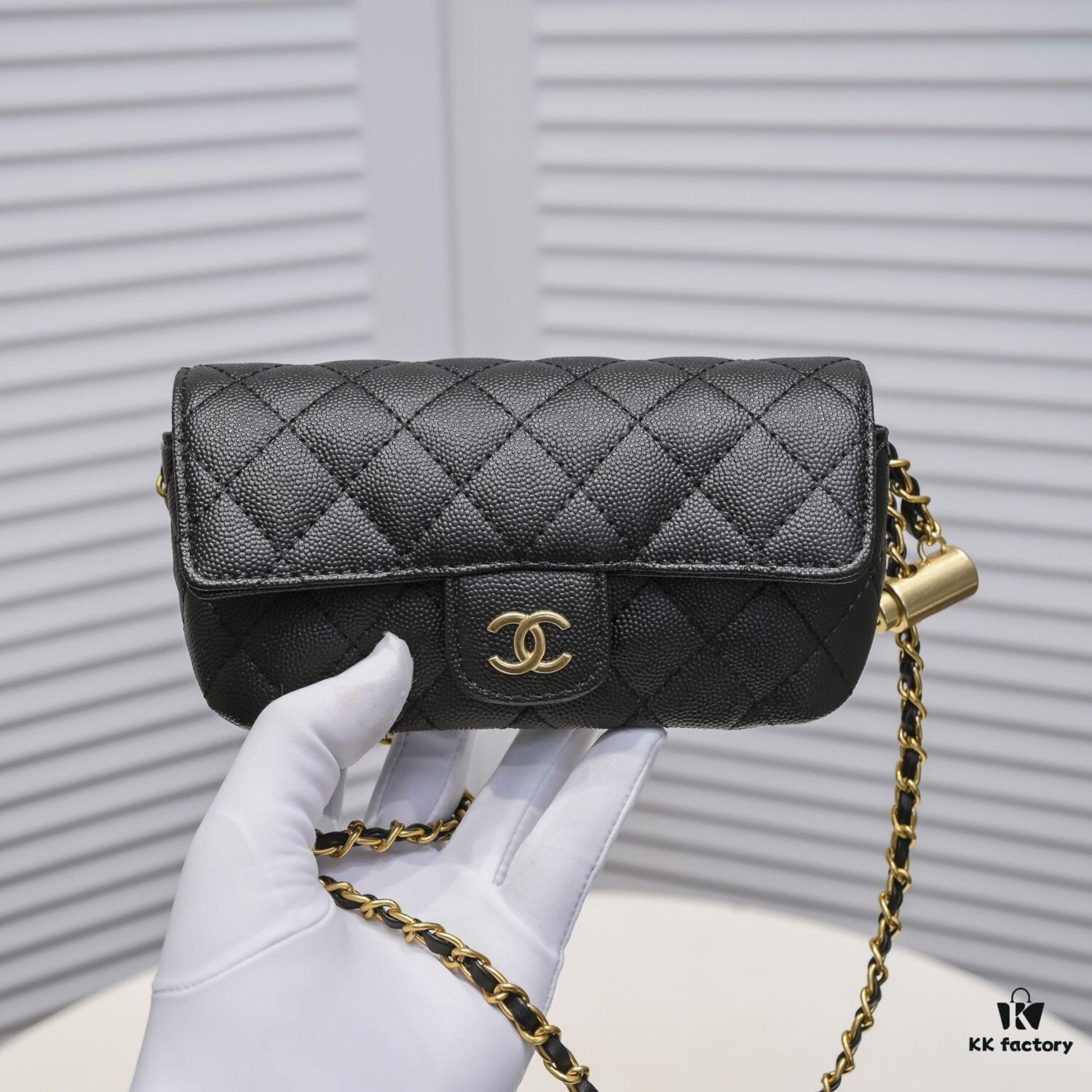 693064756e68136f4d9a4482 Cowhide Quilted Chanel Sunglasses Case with Ice Cream Side Design, Adjustable Strap, Light Gold Metal Trim