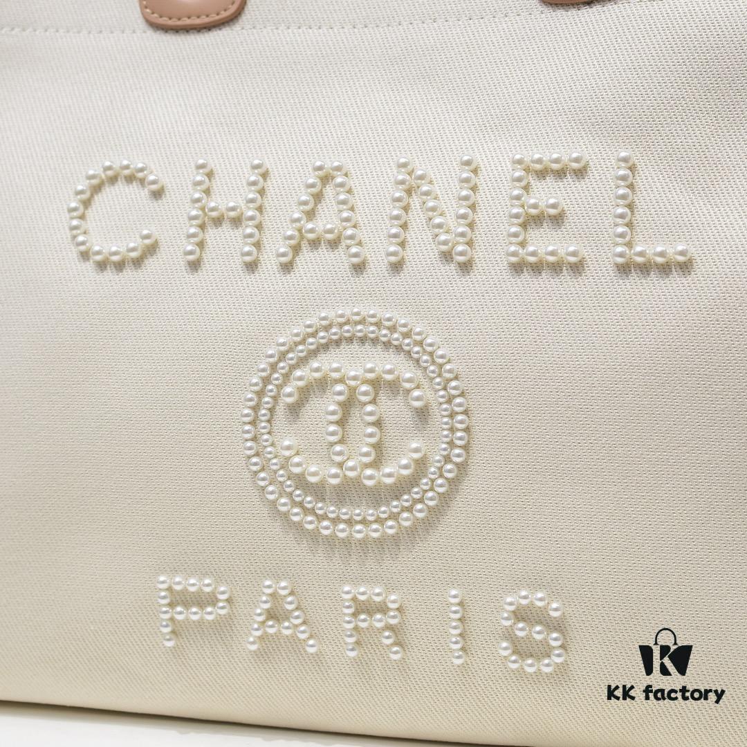 693064766e68136f4d9a4483 Chanel Tote Bag - Striped Canvas Beach Shopping Bag with Chain, Resort Style for Spring and Summer