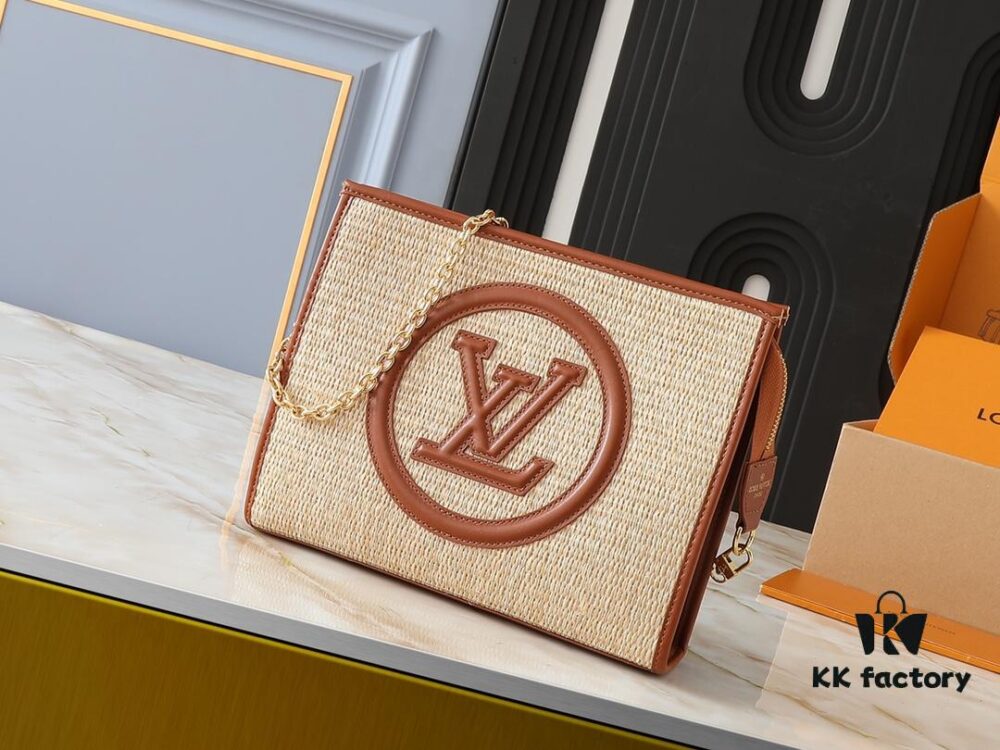 693064886e68136f4d9a449c Upgraded Original M81366 Black and Caramel Chain Wash Bag Made from Natural Raffia with Black Leather Trim and Circle Logo