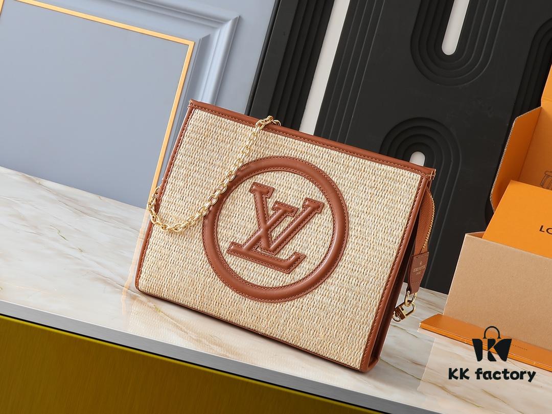 693064886e68136f4d9a449c Upgraded Original M81366 Black and Caramel Chain Wash Bag Made from Natural Raffia with Black Leather Trim and Circle Logo