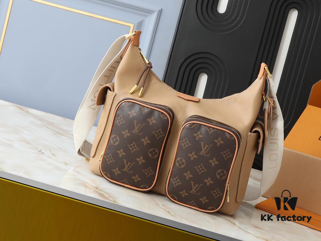Upgraded Original M12697 Full Leather Khaki Monogram Bag, Floral Material, Classic Canvas with Wide Strap, Magnetic Double Pockets on Both Sides, Adjustable Wide Strap with Monogram Canvas, Infusing Practical Functionality into Avant-garde Design