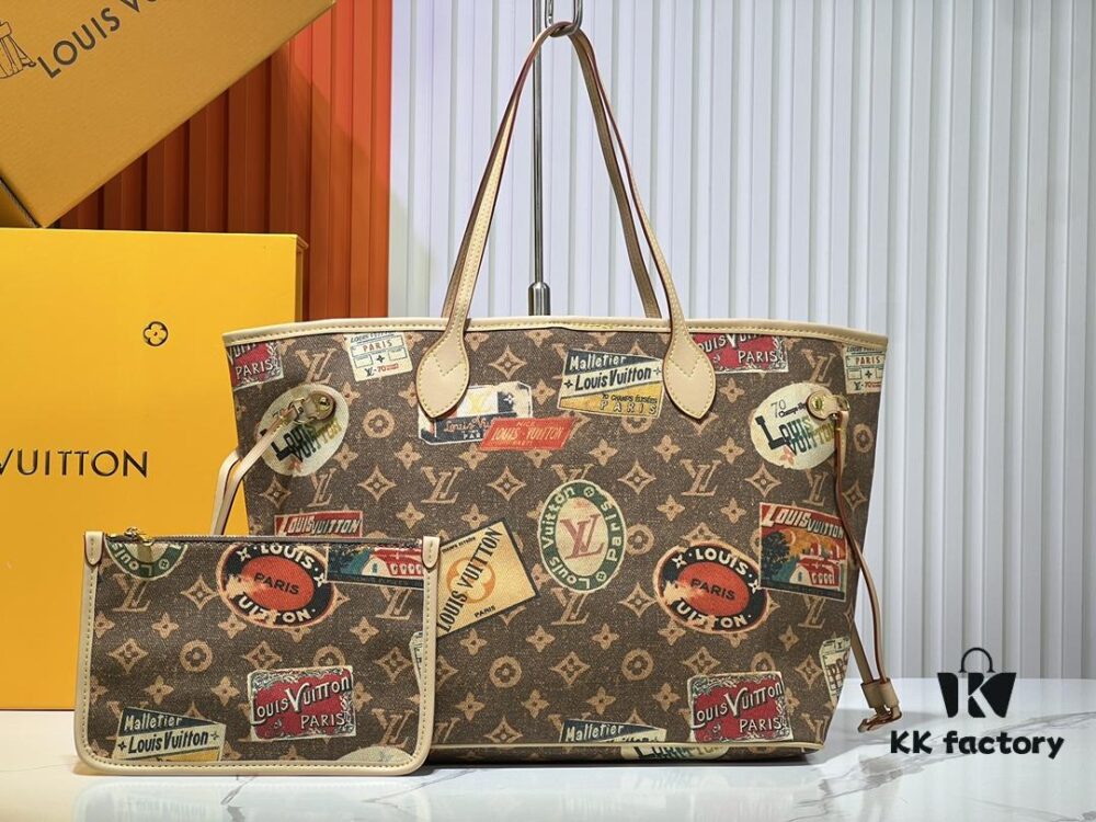 693066976e68136f4d9a48a3 M45865 M40995 This Neverfull Medium Handbag is crafted from Monogram Tiles canvas in a tote silhouette, accented with leather trim that defines the top and handles. The central LV Circle signature pairs playfully with the watercolor-effect Monogram pattern, while the printed zip pouch can be removed for separate use.