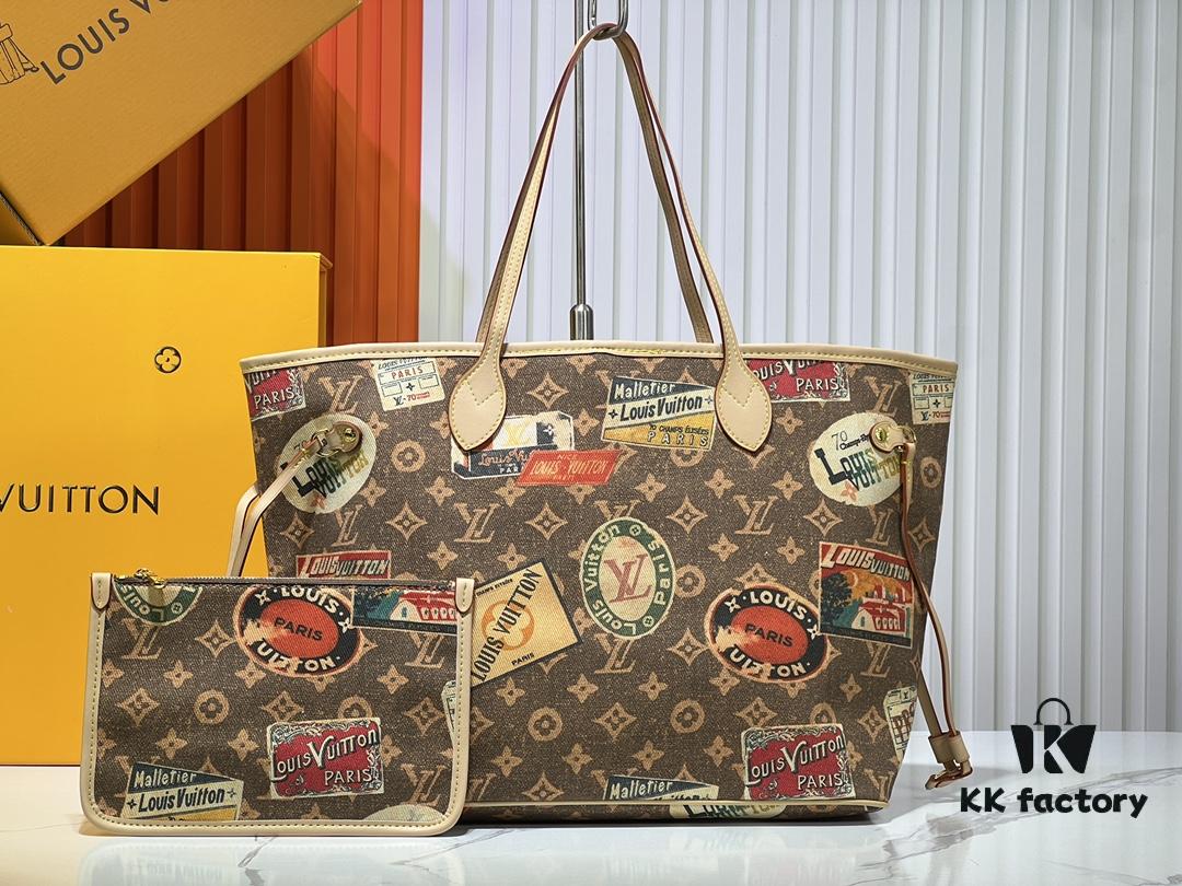 693066976e68136f4d9a48a3 M45865 M40995 This Neverfull Medium Handbag is crafted from Monogram Tiles canvas in a tote silhouette, accented with leather trim that defines the top and handles. The central LV Circle signature pairs playfully with the watercolor-effect Monogram pattern, while the printed zip pouch can be removed for separate use.
