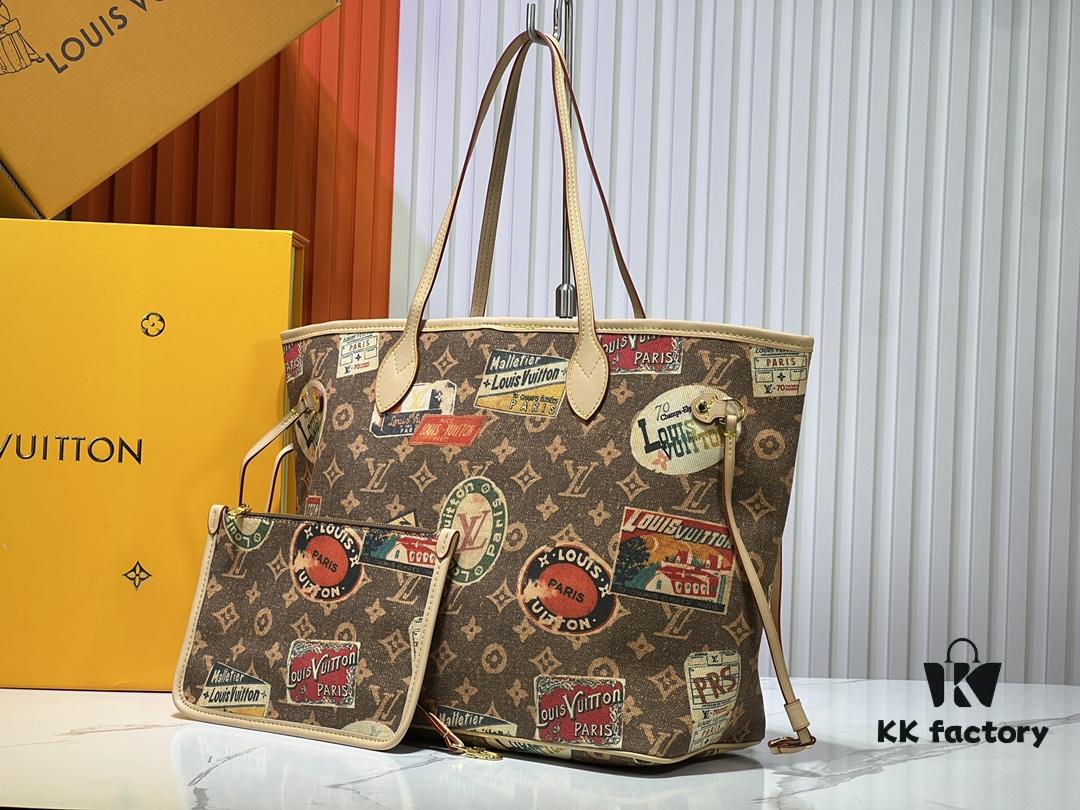 693066976e68136f4d9a48a5 M45865 M40995 This Neverfull Medium Handbag is crafted from Monogram Tiles canvas in a tote silhouette, accented with leather trim that defines the top and handles. The central LV Circle signature pairs playfully with the watercolor-effect Monogram pattern, while the printed zip pouch can be removed for separate use.