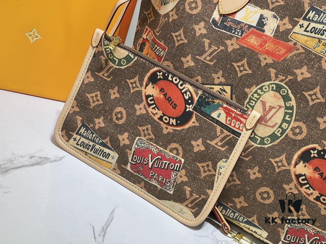 693066986e68136f4d9a48a6 M45865 M40995 This Neverfull Medium Handbag is crafted from Monogram Tiles canvas in a tote silhouette, accented with leather trim that defines the top and handles. The central LV Circle signature pairs playfully with the watercolor-effect Monogram pattern, while the printed zip pouch can be removed for separate use.