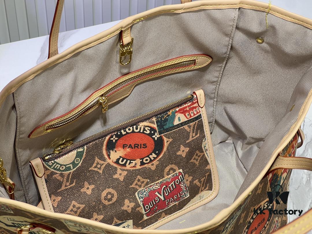 693066996e68136f4d9a48a8 M45865 M40995 This Neverfull Medium Handbag is crafted from Monogram Tiles canvas in a tote silhouette, accented with leather trim that defines the top and handles. The central LV Circle signature pairs playfully with the watercolor-effect Monogram pattern, while the printed zip pouch can be removed for separate use.