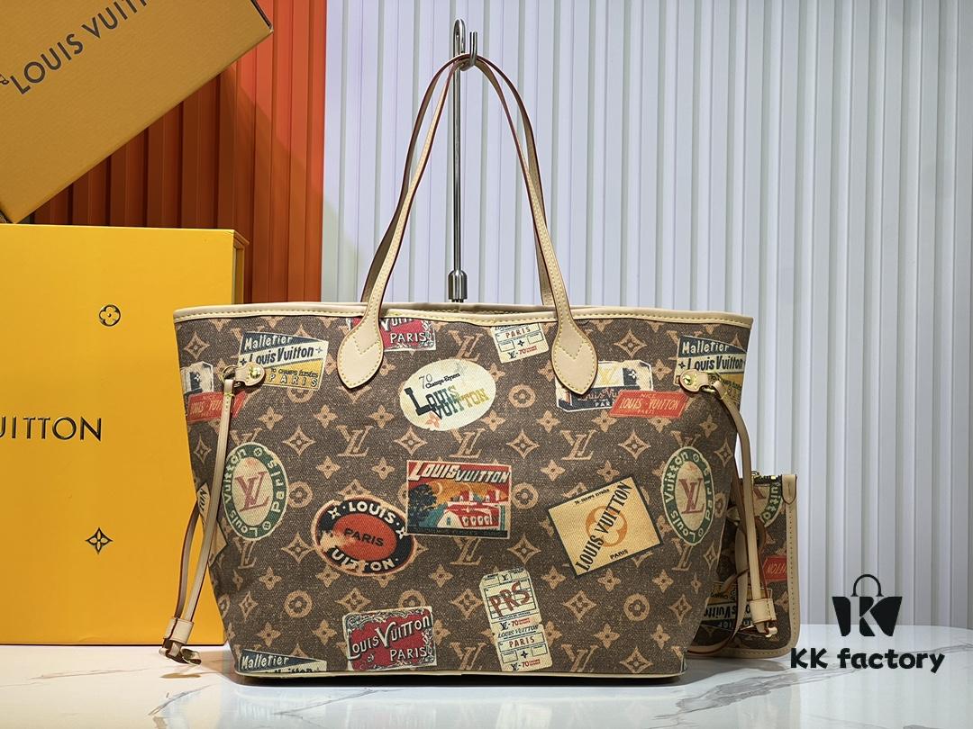 693066996e68136f4d9a48a9 M45865 M40995 This Neverfull Medium Handbag is crafted from Monogram Tiles canvas in a tote silhouette, accented with leather trim that defines the top and handles. The central LV Circle signature pairs playfully with the watercolor-effect Monogram pattern, while the printed zip pouch can be removed for separate use.