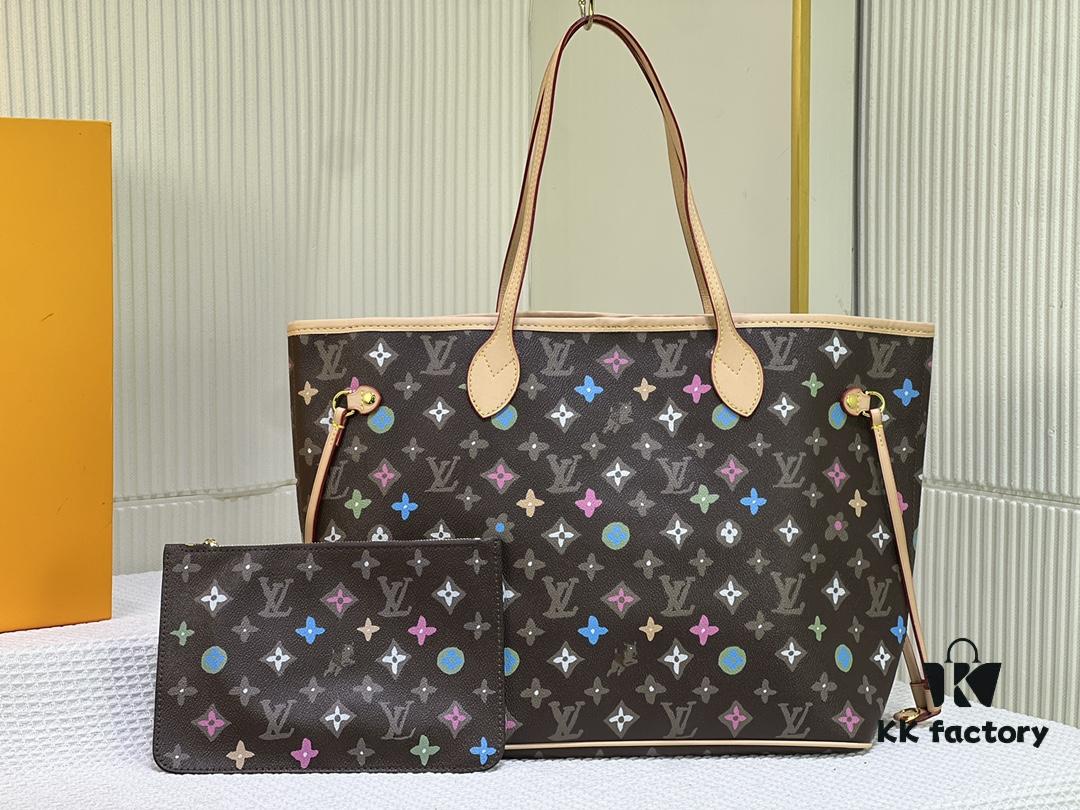 693066ec6e68136f4d9a4932 Monogram Tote MM Handbag with Monochrome Stripes and LVs on Pink Background