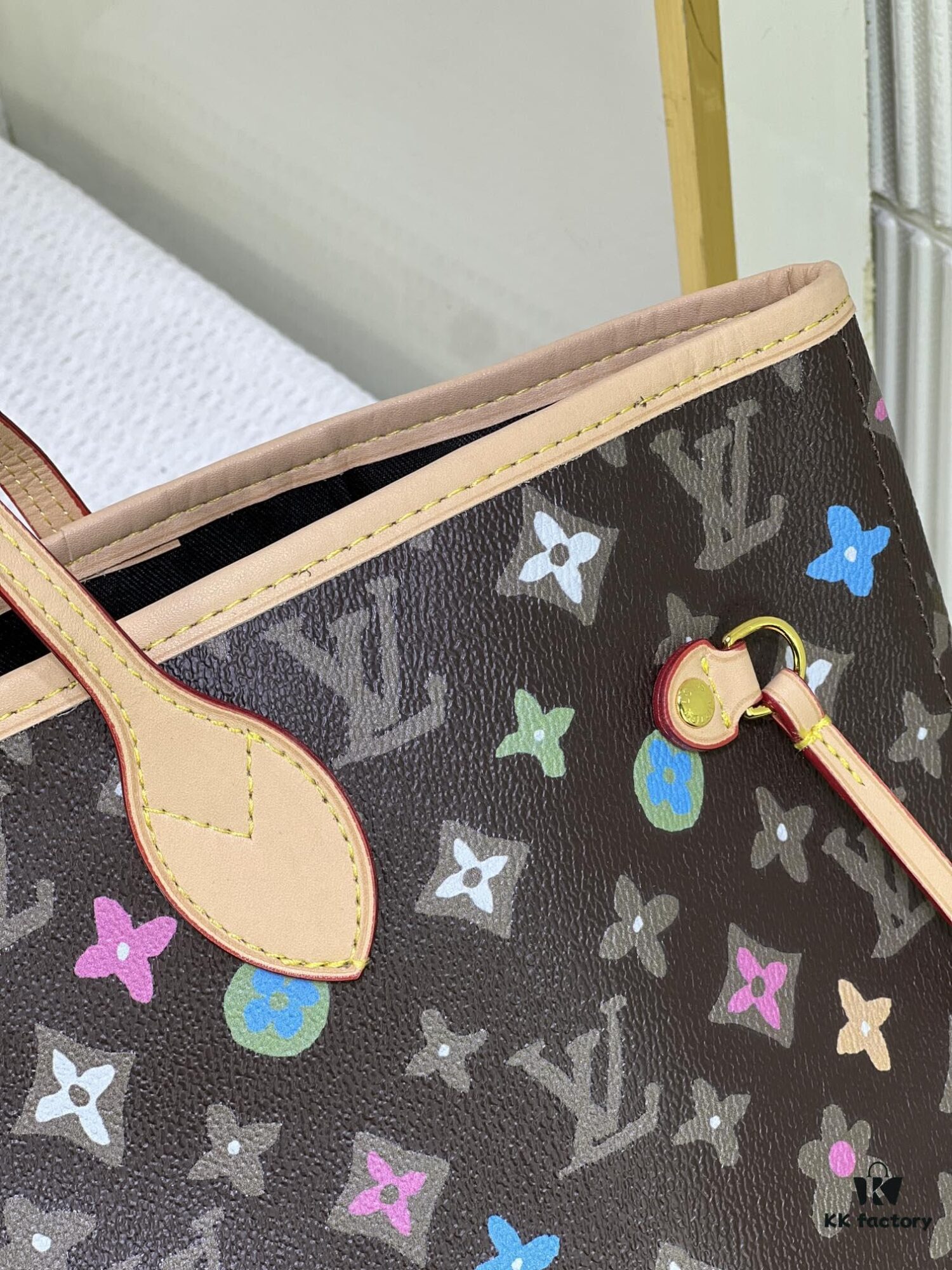 693067076e68136f4d9a495e Monogram Tote MM Handbag with Monochrome Stripes and LVs on Pink Background