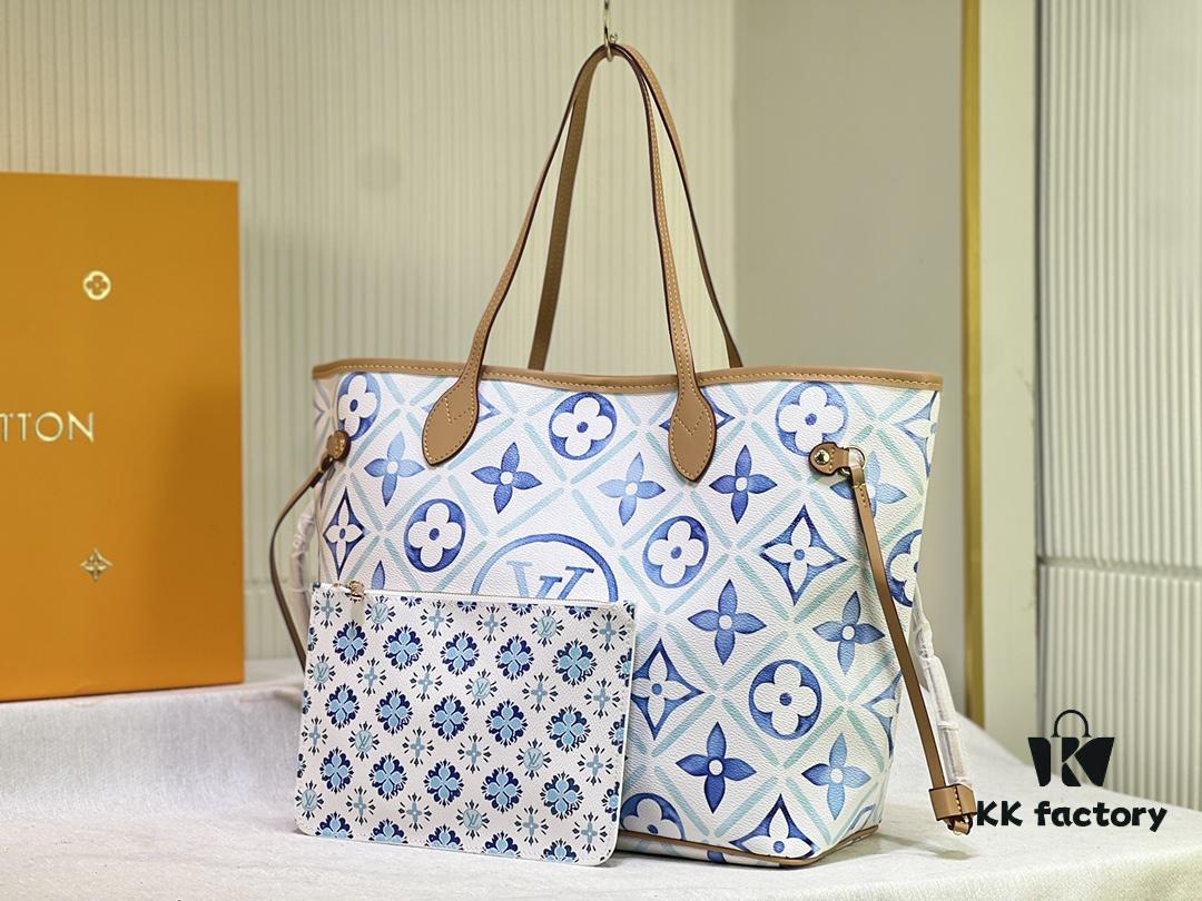 M24317 M40995 This Medium Neverfull Tote Bag Features a Monogram Tiles Canvas Construction with Leather-Trimmed Top and Handles