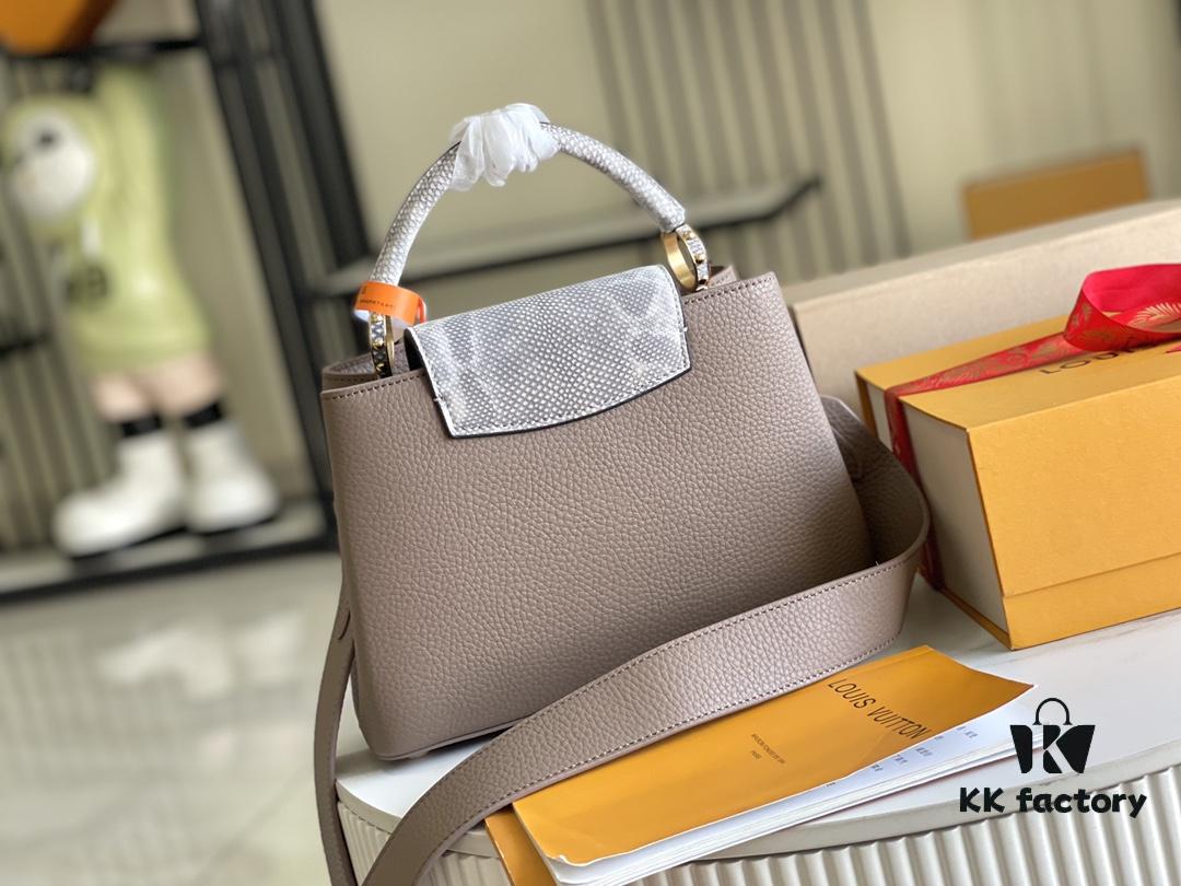 Top-Grade Full Set Packaging [Premium Original Factory Leather 💋 M21166 Elephant Gray with Exotic Sand Python and Mother-of-Pearl LV Logo]