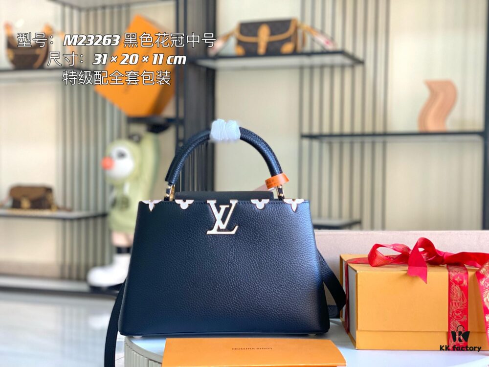 Supreme Grade Full Set Packaging 【Premium Original Leather M23263💋 M23332 Black White Shell】Capucines Medium Handbag