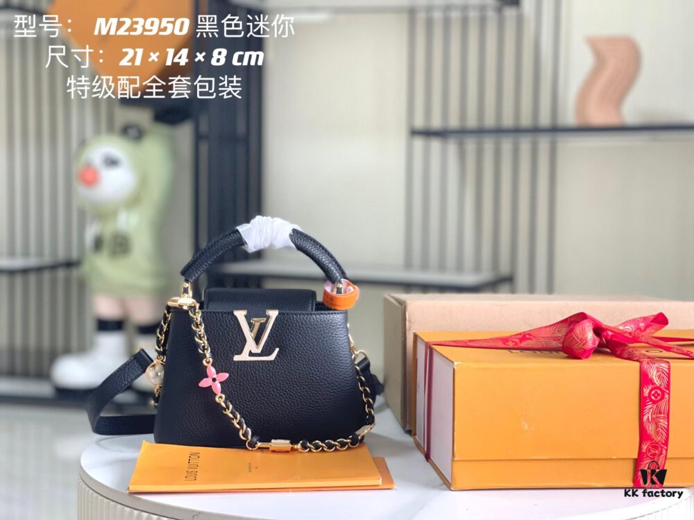 Top Grade Full Set Packaging 【Top Grade Original Factory Leather M23950💋 M23951 Black with White Gold Upgraded Hardware】【Capucines Mini Handbag】