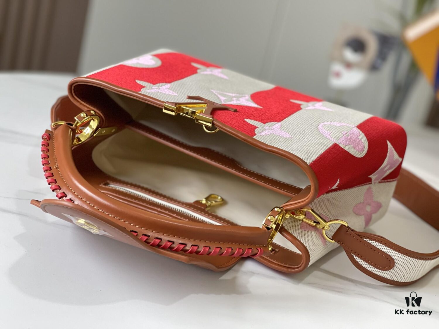 69306e3a6e68136f4d9a55d2 Upgraded Official Version 💋 M57361 Embroidered Pink Brown Gold Buckle Medium Size