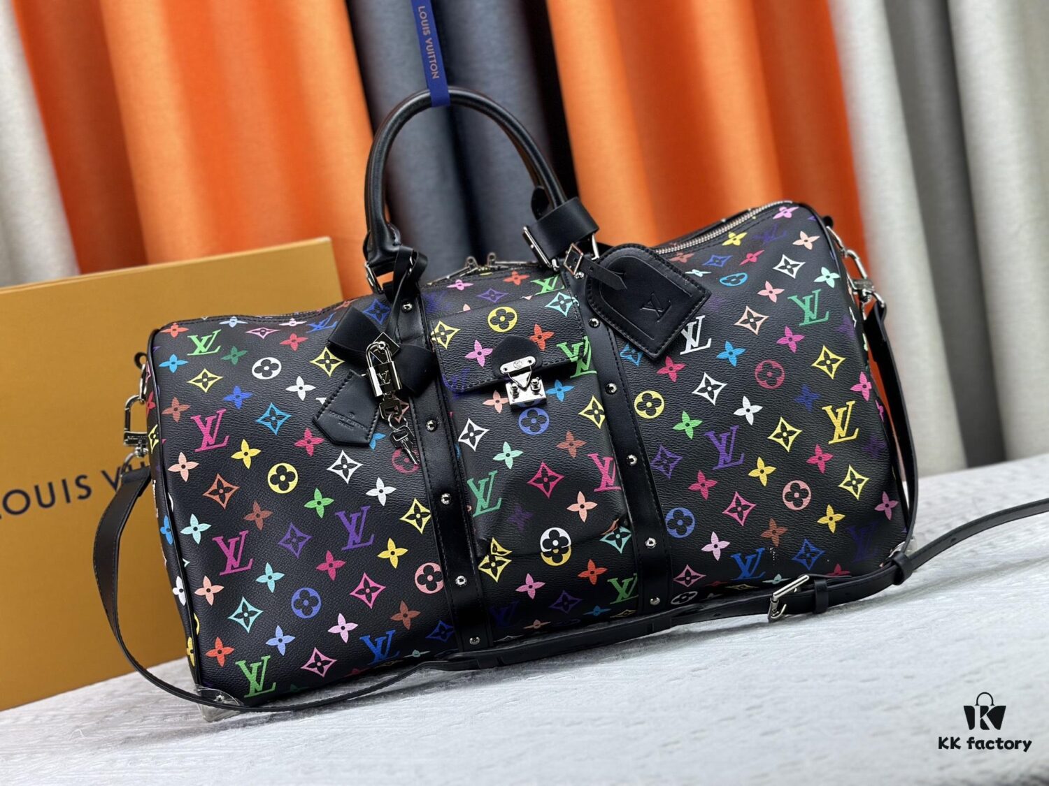 69306f916e68136f4d9a57c2 M13742 Multicolor White and Black Travel Bag New Arrival LV x TM KEEPALL BANDOULIÈRE 45