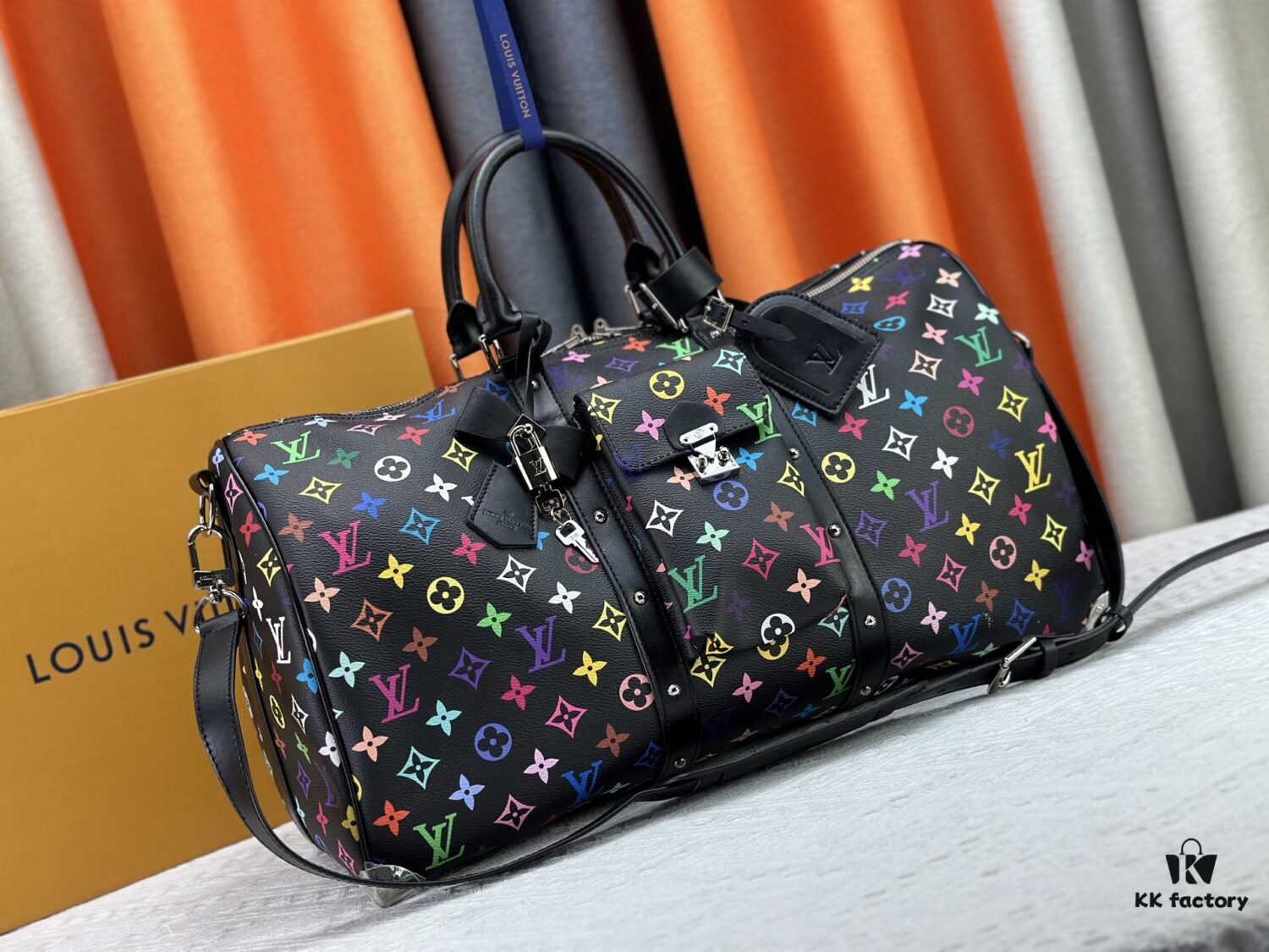 69306f926e68136f4d9a57c4 M13742 Multicolor White and Black Travel Bag New Arrival LV x TM KEEPALL BANDOULIÈRE 45
