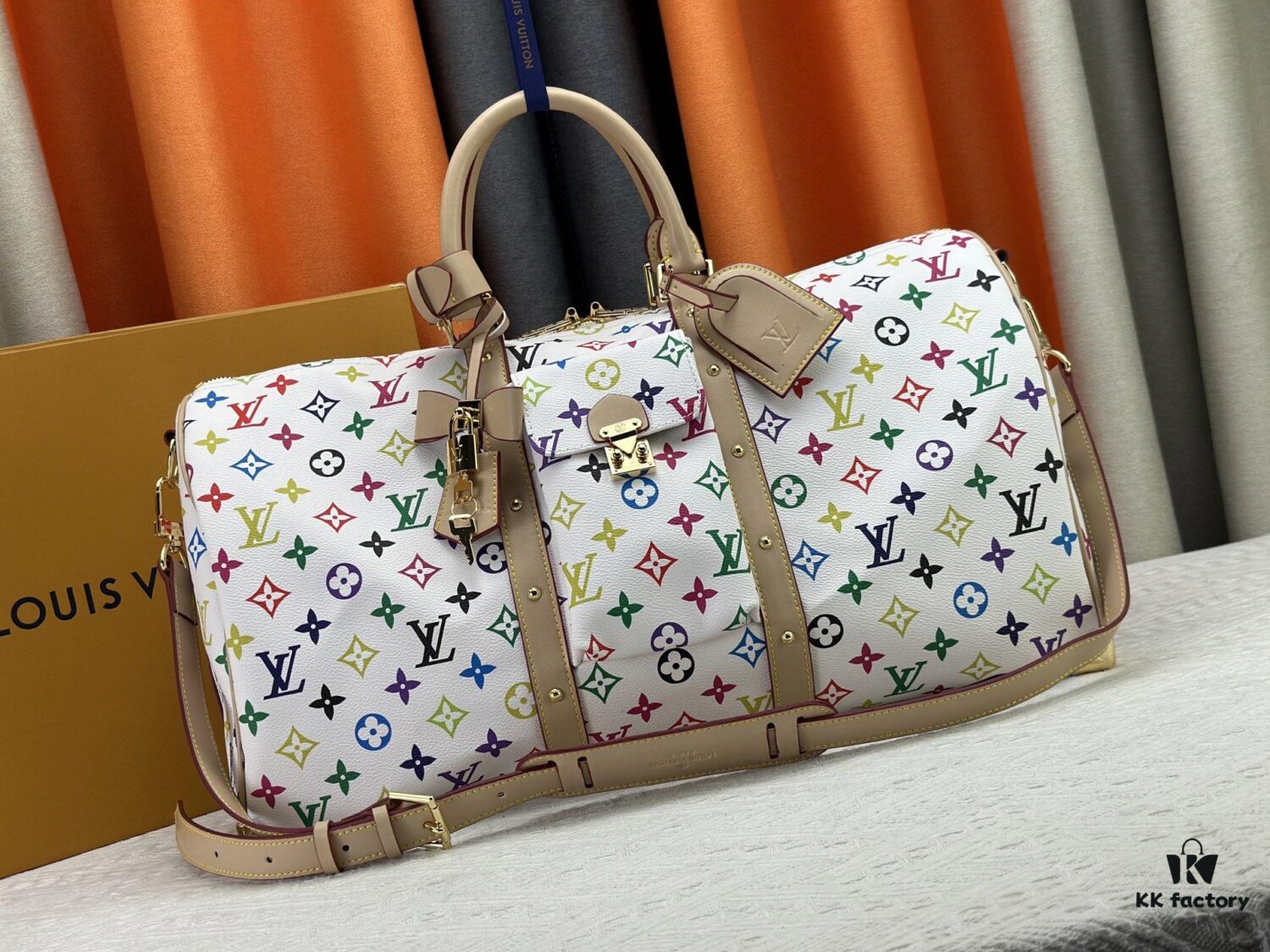 69306f976e68136f4d9a57cc M13742 Multicolor White and Black Travel Bag, LV x TM KEEPALL BANDOULIÈRE 45, Current Season New Arrival