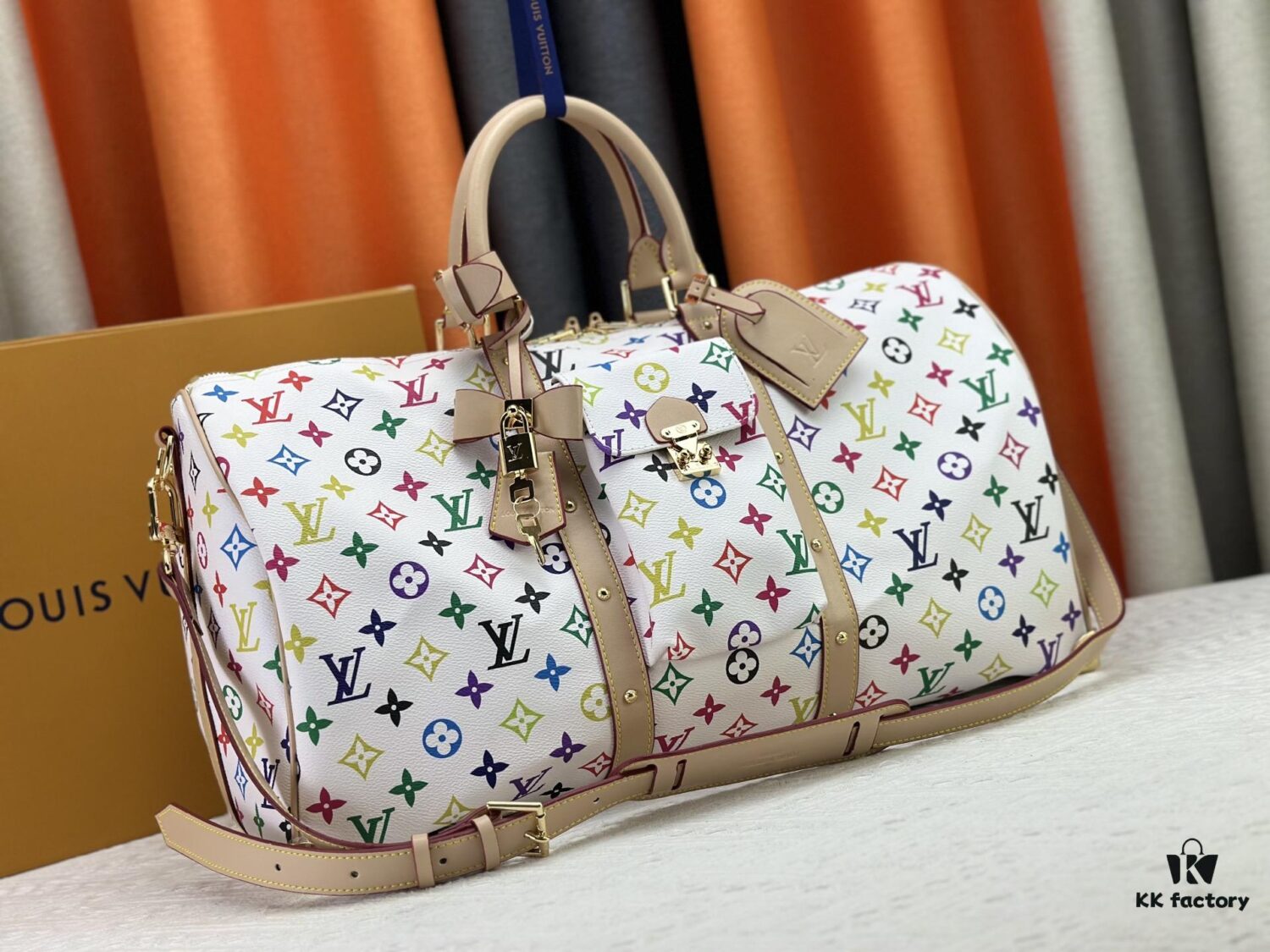 69306f986e68136f4d9a57cd M13742 Multicolor White and Black Travel Bag, LV x TM KEEPALL BANDOULIÈRE 45, Current Season New Arrival