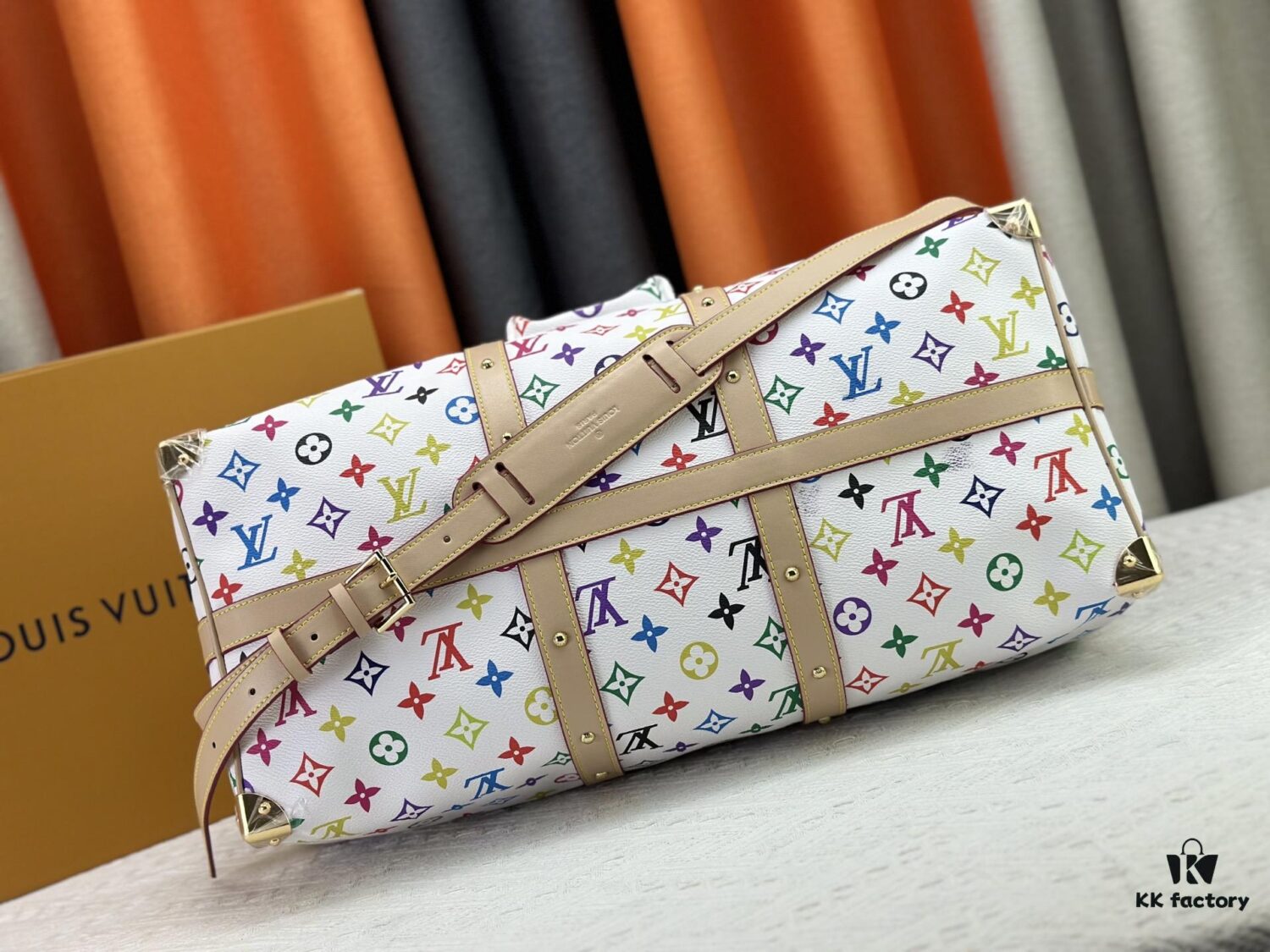 69306f9a6e68136f4d9a57d0 M13742 Multicolor White and Black Travel Bag, LV x TM KEEPALL BANDOULIÈRE 45, Current Season New Arrival
