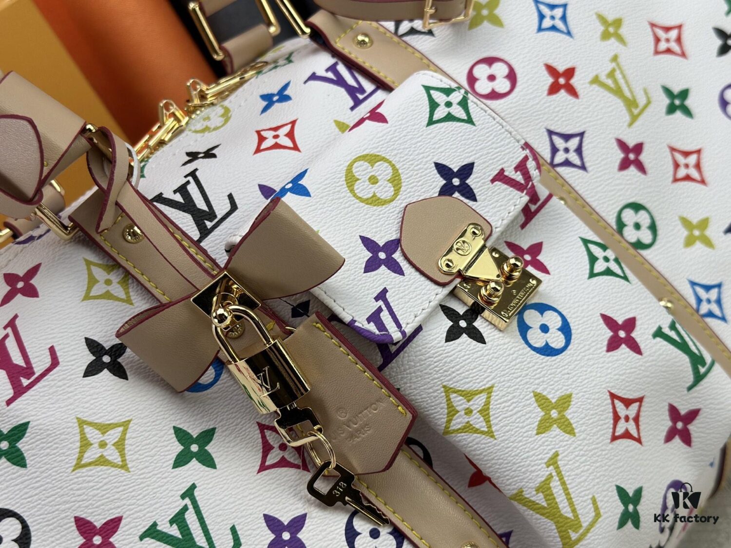 69306f9a6e68136f4d9a57d1 M13742 Multicolor White and Black Travel Bag, LV x TM KEEPALL BANDOULIÈRE 45, Current Season New Arrival