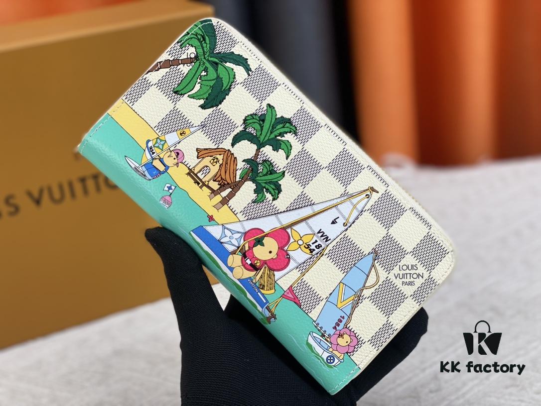 693070ee6e68136f4d9a5a1e Wallet M82839 White Check This collectible multi-compartment zip wallet is crafted from Monogram canvas from the Vivienne Holidays 2022 collection, featuring a delicate print of Vivienne, Louis Vuitton's mascot, standing in front of the brand's avant-garde Tokyo boutique with Japan's iconic Mount Fuji in the background. This vibrant high-end wallet feels like an invitation to travel and makes a perfect gift.