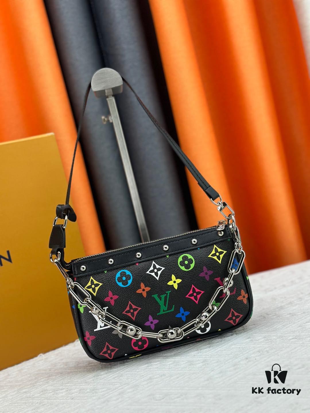 6930713e6e68136f4d9a5aba M13404 M13663 Black Color White Color This Pochette Accessoires handbag is crafted from coated canvas featuring a vibrant Monogram pattern, showcasing the dynamic collaboration between Louis Vuitton and Takashi Murakami. Trimmed with cowhide leather and accented with striking metal hardware, it highlights meticulous craftsmanship. The detachable shoulder strap and chain allow for versatile carrying options. Dimensions: 22x13x4cm