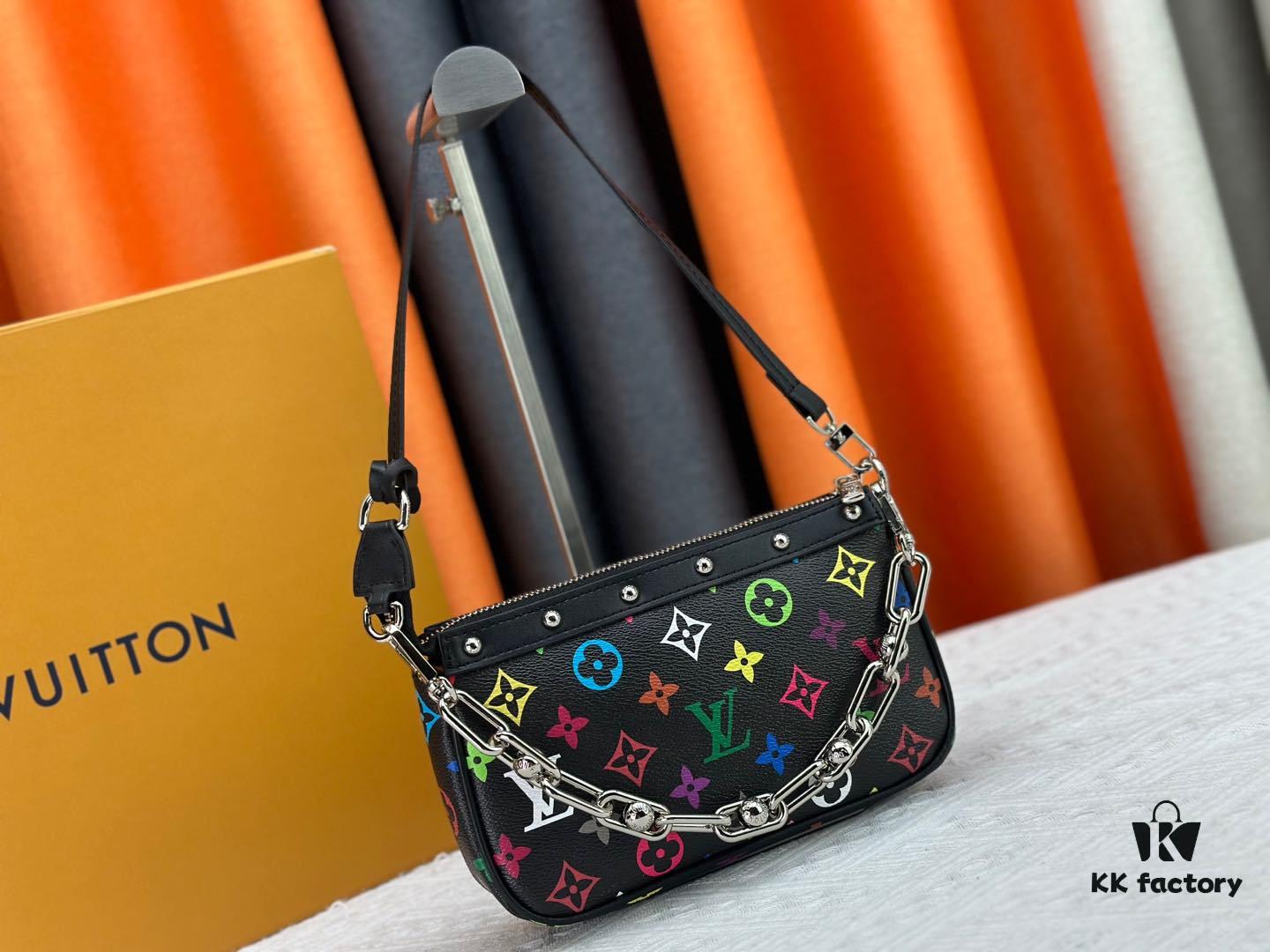 6930713e6e68136f4d9a5abb M13404 M13663 Black Color White Color This Pochette Accessoires handbag is crafted from coated canvas featuring a vibrant Monogram pattern, showcasing the dynamic collaboration between Louis Vuitton and Takashi Murakami. Trimmed with cowhide leather and accented with striking metal hardware, it highlights meticulous craftsmanship. The detachable shoulder strap and chain allow for versatile carrying options. Dimensions: 22x13x4cm