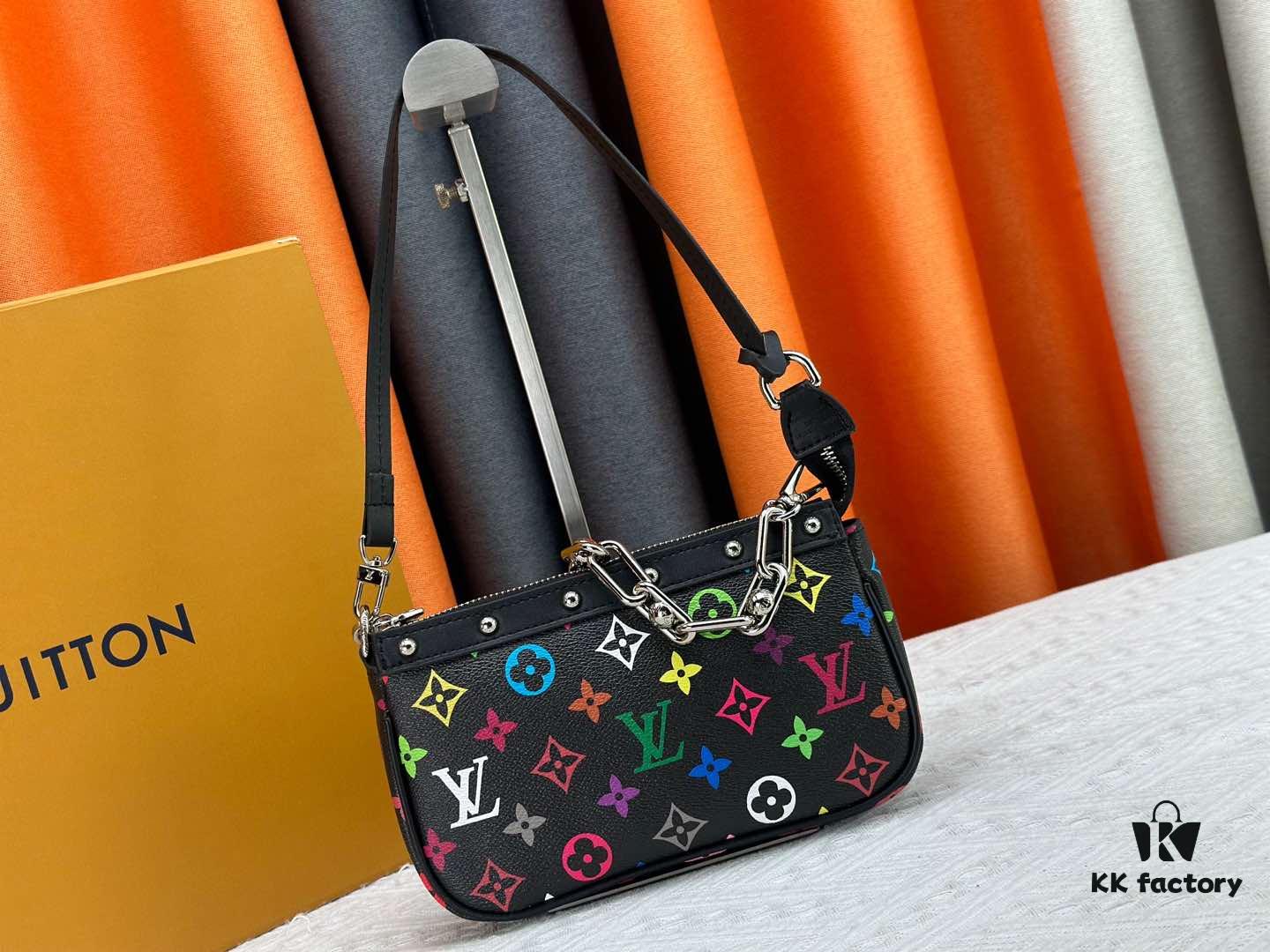 6930713f6e68136f4d9a5abf M13404 M13663 Black Color White Color This Pochette Accessoires handbag is crafted from coated canvas featuring a vibrant Monogram pattern, showcasing the dynamic collaboration between Louis Vuitton and Takashi Murakami. Trimmed with cowhide leather and accented with striking metal hardware, it highlights meticulous craftsmanship. The detachable shoulder strap and chain allow for versatile carrying options. Dimensions: 22x13x4cm