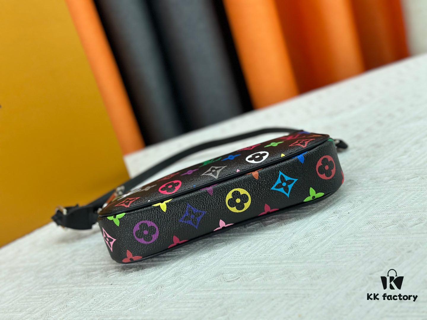 6930713f6e68136f4d9a5ac1 M13404 M13663 Black Color White Color This Pochette Accessoires handbag is crafted from coated canvas featuring a vibrant Monogram pattern, showcasing the dynamic collaboration between Louis Vuitton and Takashi Murakami. Trimmed with cowhide leather and accented with striking metal hardware, it highlights meticulous craftsmanship. The detachable shoulder strap and chain allow for versatile carrying options. Dimensions: 22x13x4cm