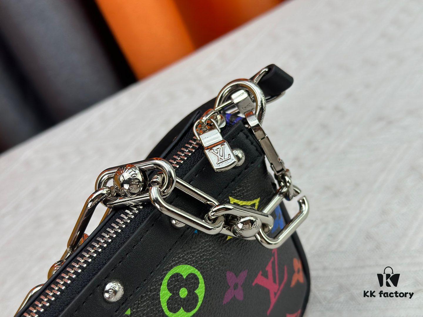 693071406e68136f4d9a5ac2 M13404 M13663 Black Color White Color This Pochette Accessoires handbag is crafted from coated canvas featuring a vibrant Monogram pattern, showcasing the dynamic collaboration between Louis Vuitton and Takashi Murakami. Trimmed with cowhide leather and accented with striking metal hardware, it highlights meticulous craftsmanship. The detachable shoulder strap and chain allow for versatile carrying options. Dimensions: 22x13x4cm