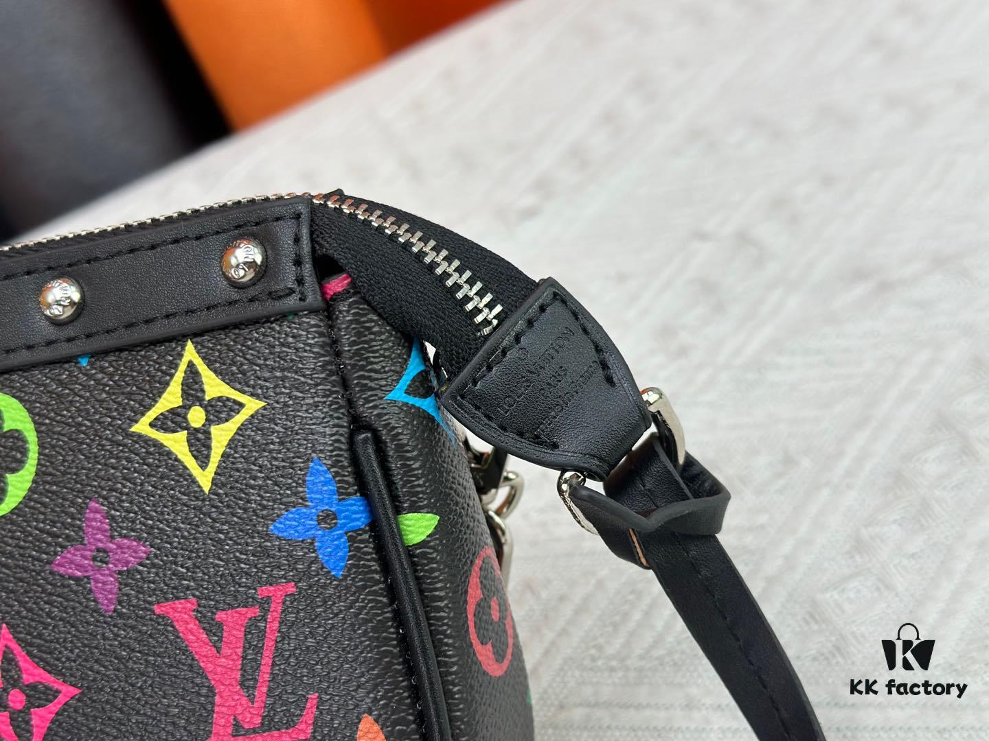 693071406e68136f4d9a5ac3 M13404 M13663 Black Color White Color This Pochette Accessoires handbag is crafted from coated canvas featuring a vibrant Monogram pattern, showcasing the dynamic collaboration between Louis Vuitton and Takashi Murakami. Trimmed with cowhide leather and accented with striking metal hardware, it highlights meticulous craftsmanship. The detachable shoulder strap and chain allow for versatile carrying options. Dimensions: 22x13x4cm
