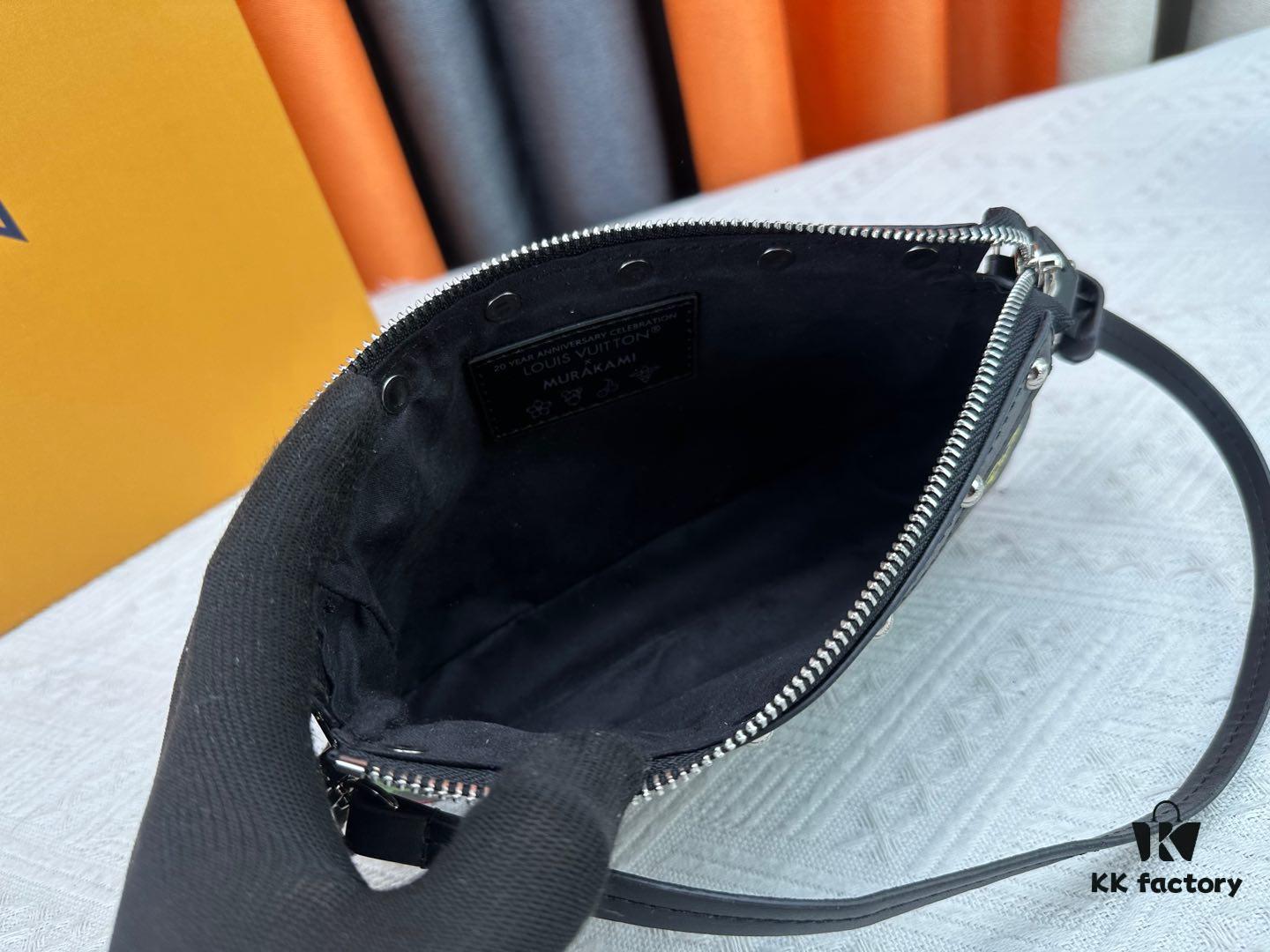 693071426e68136f4d9a5ac4 M13404 M13663 Black Color White Color This Pochette Accessoires handbag is crafted from coated canvas featuring a vibrant Monogram pattern, showcasing the dynamic collaboration between Louis Vuitton and Takashi Murakami. Trimmed with cowhide leather and accented with striking metal hardware, it highlights meticulous craftsmanship. The detachable shoulder strap and chain allow for versatile carrying options. Dimensions: 22x13x4cm