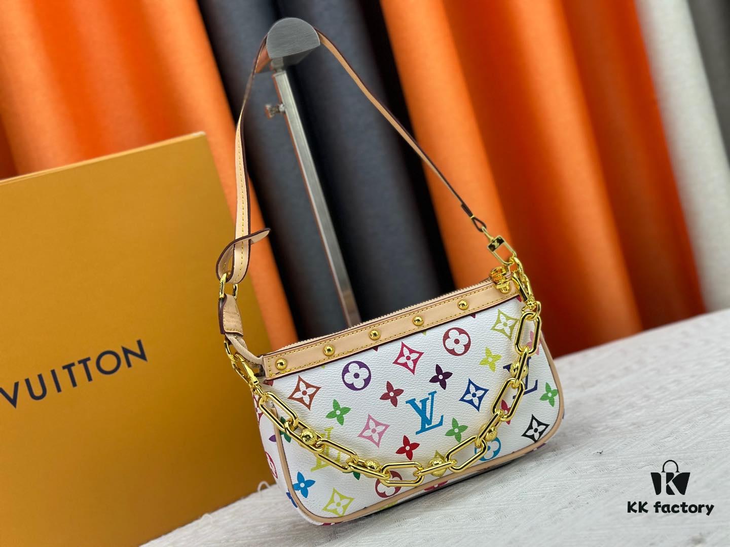 693071436e68136f4d9a5ac7 M13404 M13663 Black Color White Color This Pochette Accessoires handbag is crafted from coated canvas featuring a vibrant Monogram pattern, showcasing the dynamic style of the Louis Vuitton × Takashi Murakami collaboration collection