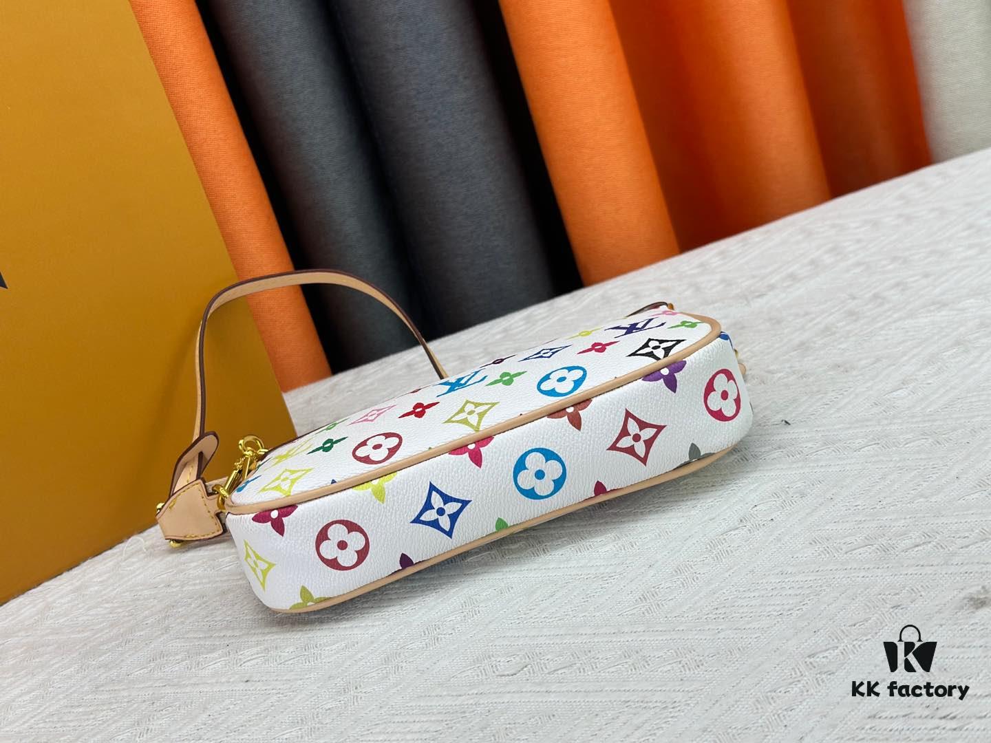 693071436e68136f4d9a5ac8 M13404 M13663 Black Color White Color This Pochette Accessoires handbag is crafted from coated canvas featuring a vibrant Monogram pattern, showcasing the dynamic style of the Louis Vuitton × Takashi Murakami collaboration collection