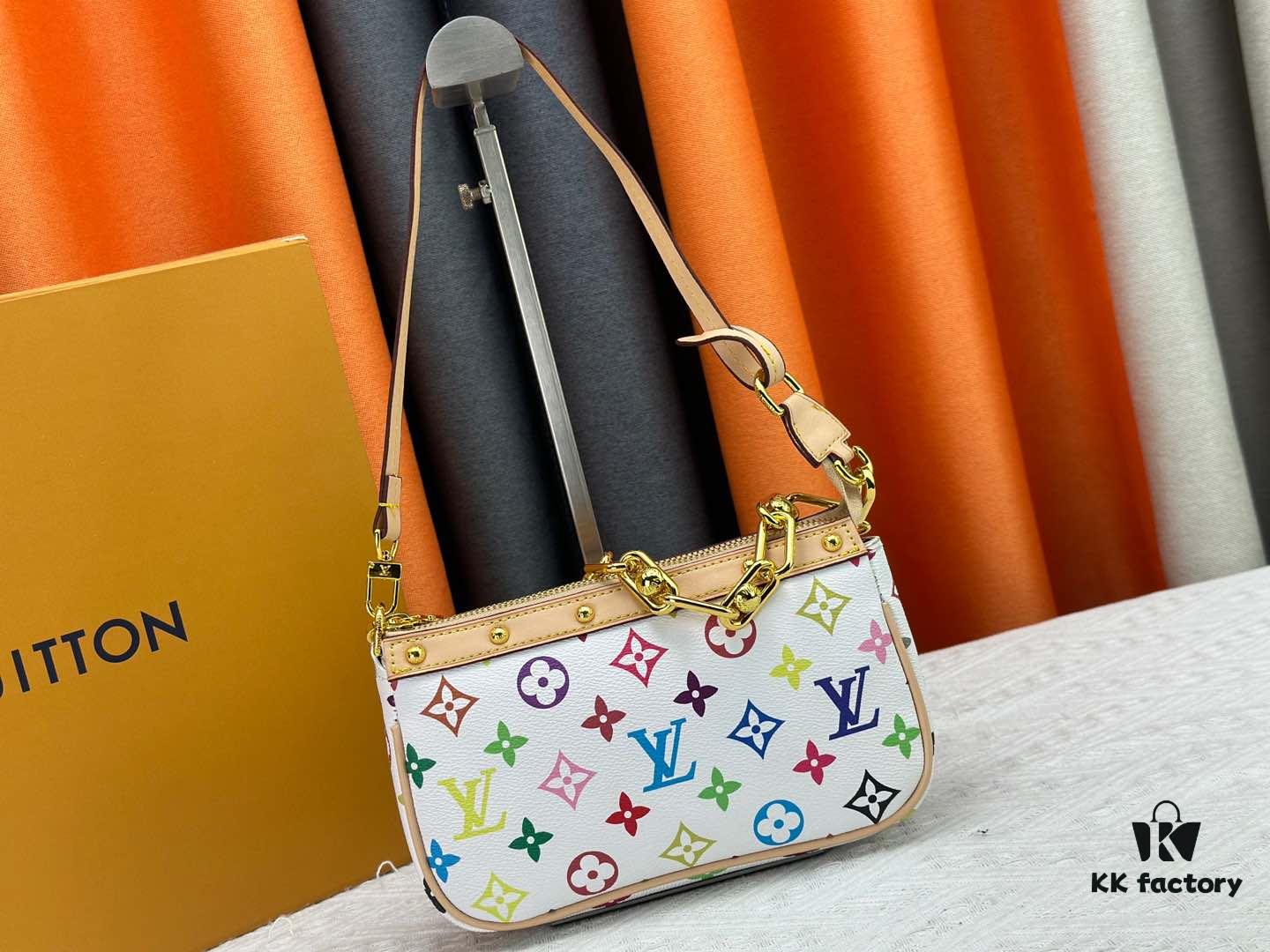 693071436e68136f4d9a5ac9 M13404 M13663 Black Color White Color This Pochette Accessoires handbag is crafted from coated canvas featuring a vibrant Monogram pattern, showcasing the dynamic style of the Louis Vuitton × Takashi Murakami collaboration collection