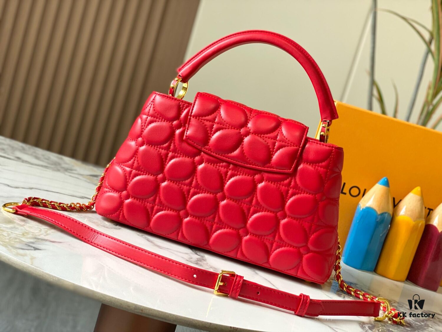 Upgraded M23999 Red Monogram Embroidered Floral Capucines BB Bag