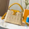 Upgraded M11617 Capucines BB Handbag featuring a woven rattan design inspired by the 1892 Louis Vuitton picnic trunk, crafted with cowhide leather handles and flap, metallic LV logo, detachable and adjustable leather shoulder strap for crossbody wear. Packaging may vary based on availability.