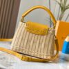 Upgraded M11617 Capucines BB Handbag featuring a woven rattan design inspired by the 1892 Louis Vuitton picnic trunk, crafted with cowhide leather handles and flap, metallic LV logo, detachable and adjustable leather shoulder strap for crossbody wear. Packaging may vary based on availability.