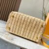 Upgraded M11617 Capucines BB Handbag featuring a woven rattan design inspired by the 1892 Louis Vuitton picnic trunk, crafted with cowhide leather handles and flap, metallic LV logo, detachable and adjustable leather shoulder strap for crossbody wear. Packaging may vary based on availability.